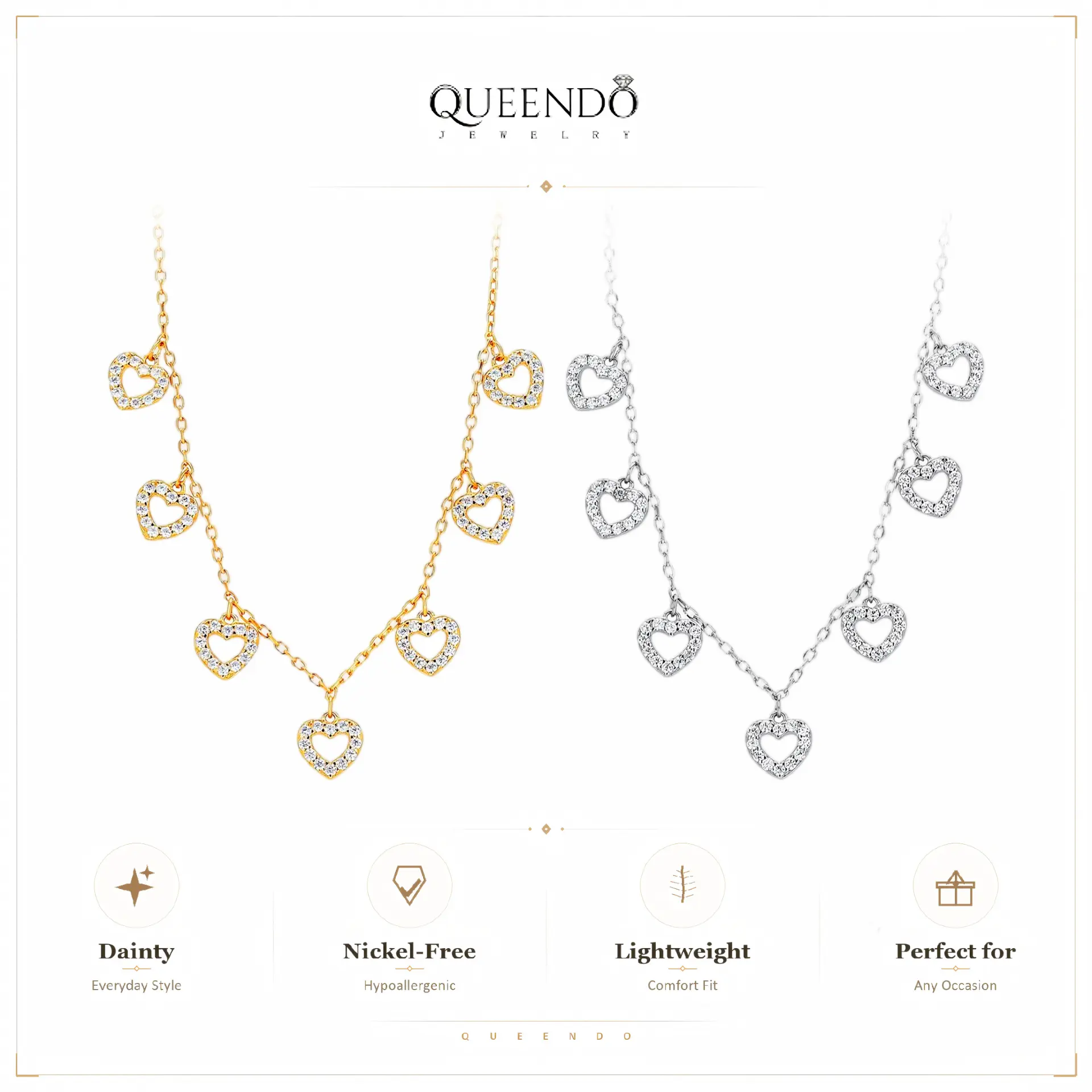 QUEENDO S925 Sterling Silver Necklace with Multiple Heart Pendants, Light Luxury Style Clavicle Chainfunky unique accessories non tarnish jewelry