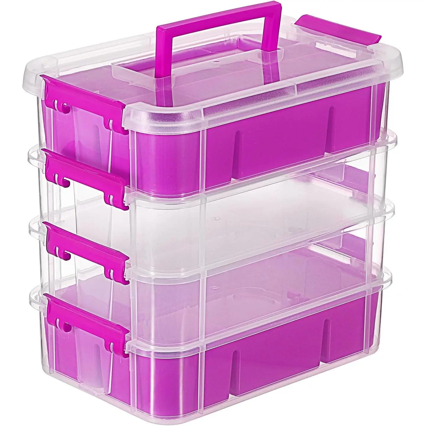 4-Tier Clear Stackable Craft Storage Box with Handle & 2 Removable Divided Trays, Portable Organizer for Art Supplies, Sewing, Beads, Jewelry, Toys & Tools