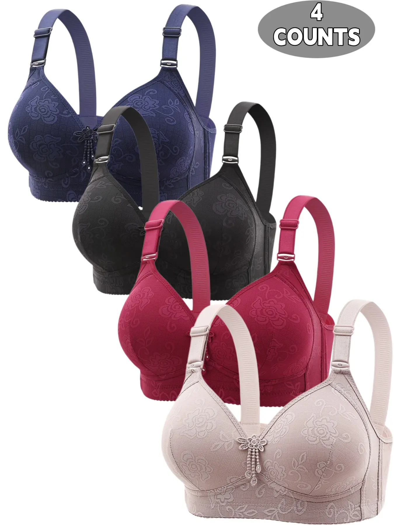 4-Pack Wireless Push-Up Bras, Seamless Comfort Fit, Breathable Soft Fabric, Full Coverage, All Seasons, Elegant Style, Daily Wear