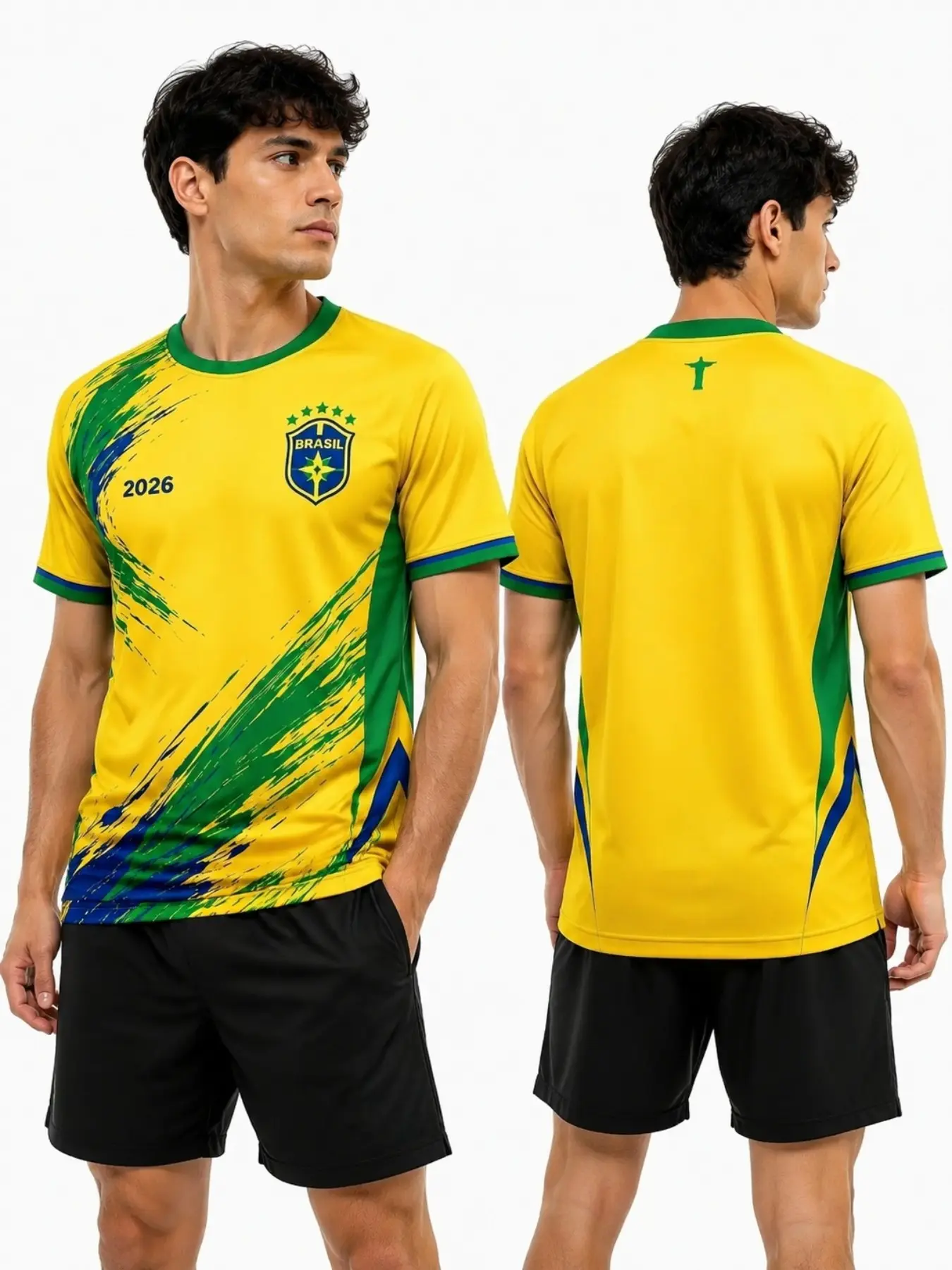 Summer New Brazil Soccer Football Jersey Men 2026, Sporty Loose-Fitting Short Sleeve T-Shirt, Breathable Mesh, Fan Gift, All Seasons