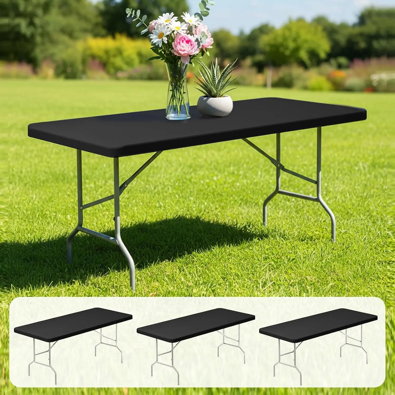 6 FT Elastic Table Cloth for Rectangle Table, 3 Pack Black Tablecloths, Rectangular Stretch Spandex Fitted Table Covers 6 Foot for Party, Buffet, Picnic, Dining, Outdoor and Indoor
