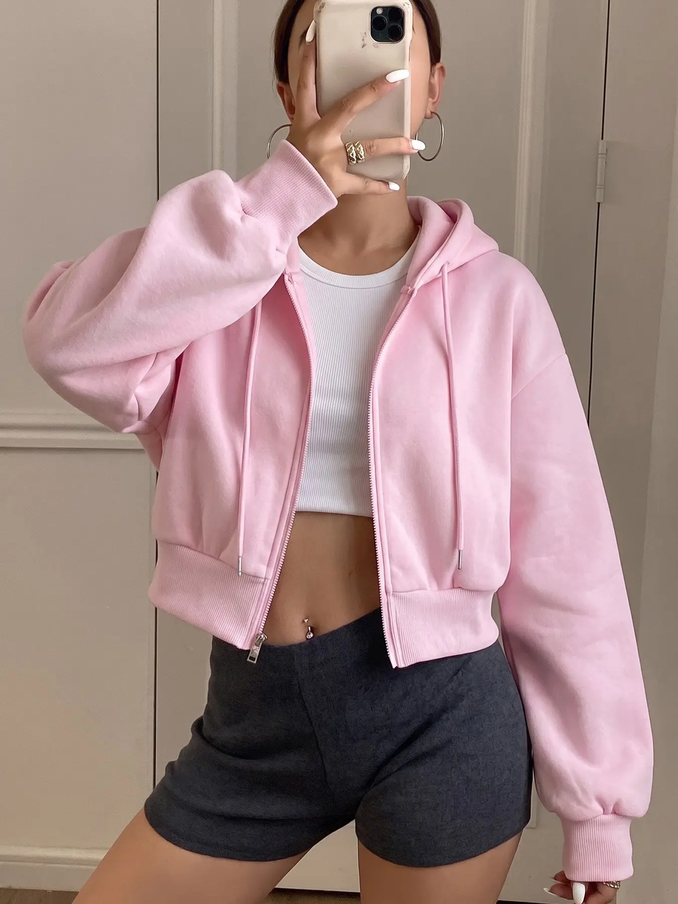 Women Light Pink Oversized Hooded Full Zip Cropped Sweatshirt Jacket, Korean Cleanfit Matte Heavy French Terry Drop Shoulder Short Hoodie, Pastel Pink Feminine Elastic Cuff Layering Outerwear #pinkcroppedziphoodie #cleanfitsoftjacket #tiktokmademebuyit #f