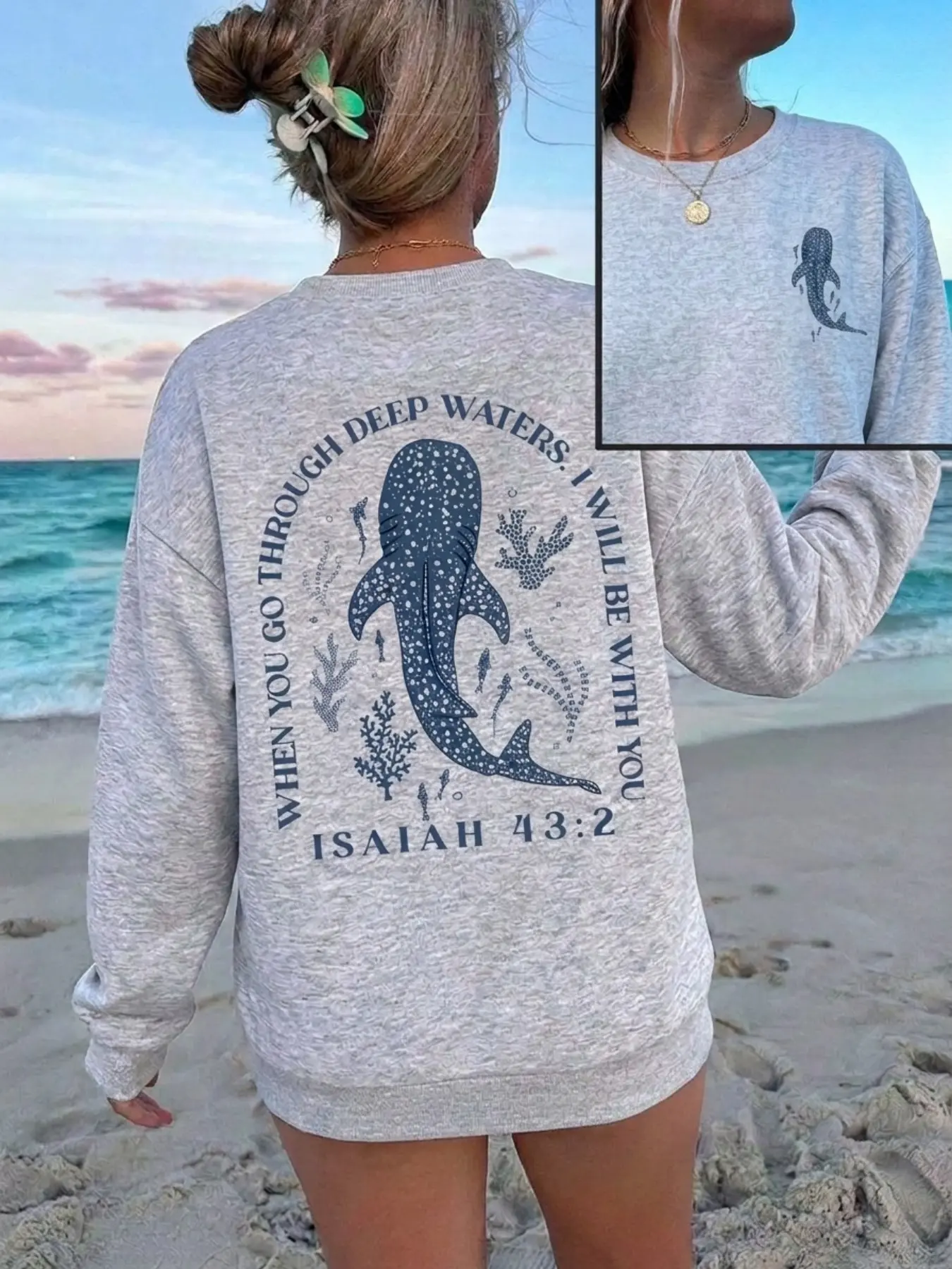 Whale Shark Graphic Fashion Sweatshirt, Isaiah 43:2 Bible Verse Print, Soft Fleece Crew Neck Pullover, Long Sleeve, Coastal Aesthetic, Ocean Nautical Beach Loungewear, Faith-Based Casual Top for Women, Cozy Oversized Baggy Pullover