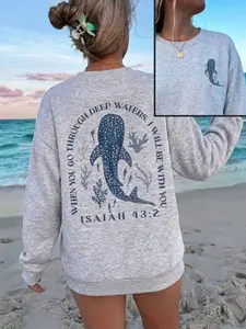 Whale Shark Graphic Sweatshirt, Isaiah 43:2 Bible Verse Print, Soft Fleece Crew Neck Pullover, Long Sleeve, Coastal Aesthetic, Ocean Nautical Beach Loungewear, Faith-Based Casual Top for Women, Cozy Oversized Pullover