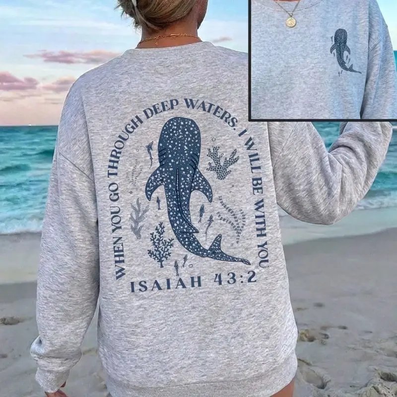 Whale Shark Graphic Sweatshirt, Isaiah 43:2 Bible Verse Print, Soft Fleece Crew Neck Pullover, Long Sleeve, Coastal Aesthetic, Ocean Nautical Beach Loungewear, Faith-Based Casual Top for Women, Christian Faith Sweatshirt, Cozy Oversized Baggy Pullover