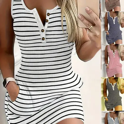 Women's Striped Print Tank Dress, Casual Sleeveless Short Dress for Summer, Ladies Clothes for Daily Wear, Beach Summer Dress
