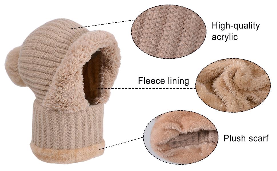 Women’s Knit Beanie Set - Fleece Lined Winter Hat Scarf Mask Plush Earmuff with Pompom Snow Cap​