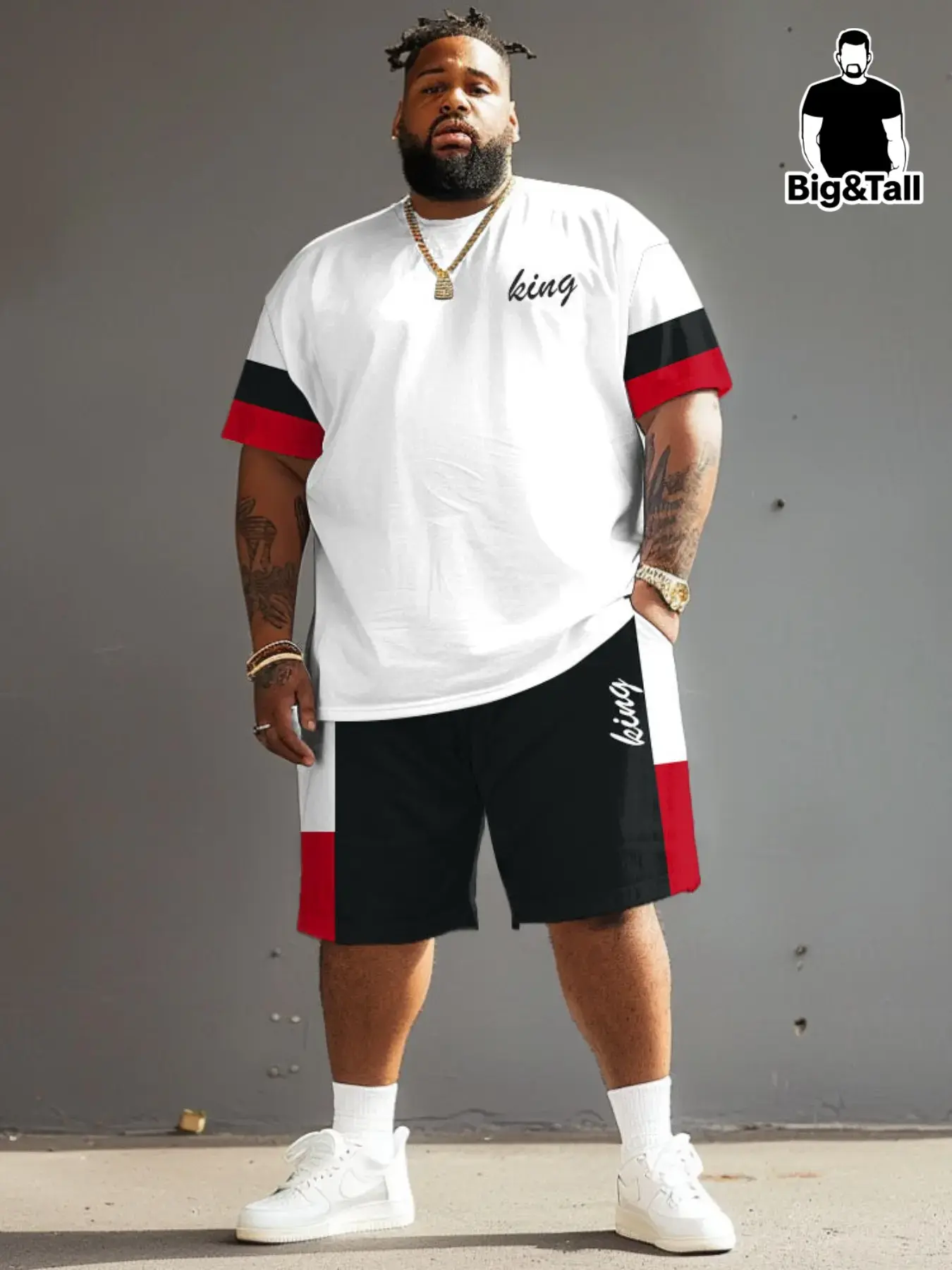 Men's Two-Piece Summer Suit Outfit Breathable, Menswear Short Sleeve Top Colorblock Letter King Print, Casual Fitted Shorts Set, Ideal for Vacation and Daily Wear Clothes