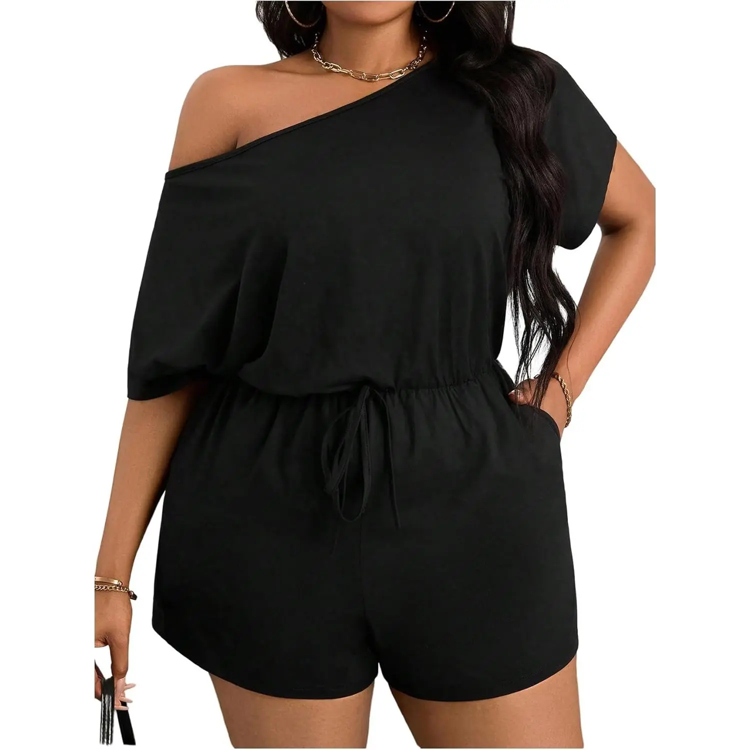 Women's Plus Size Off Shoulder Rompers with Pockets, Curvy Fit Casual Vacation Outfits for Festive & Party Supplies Use