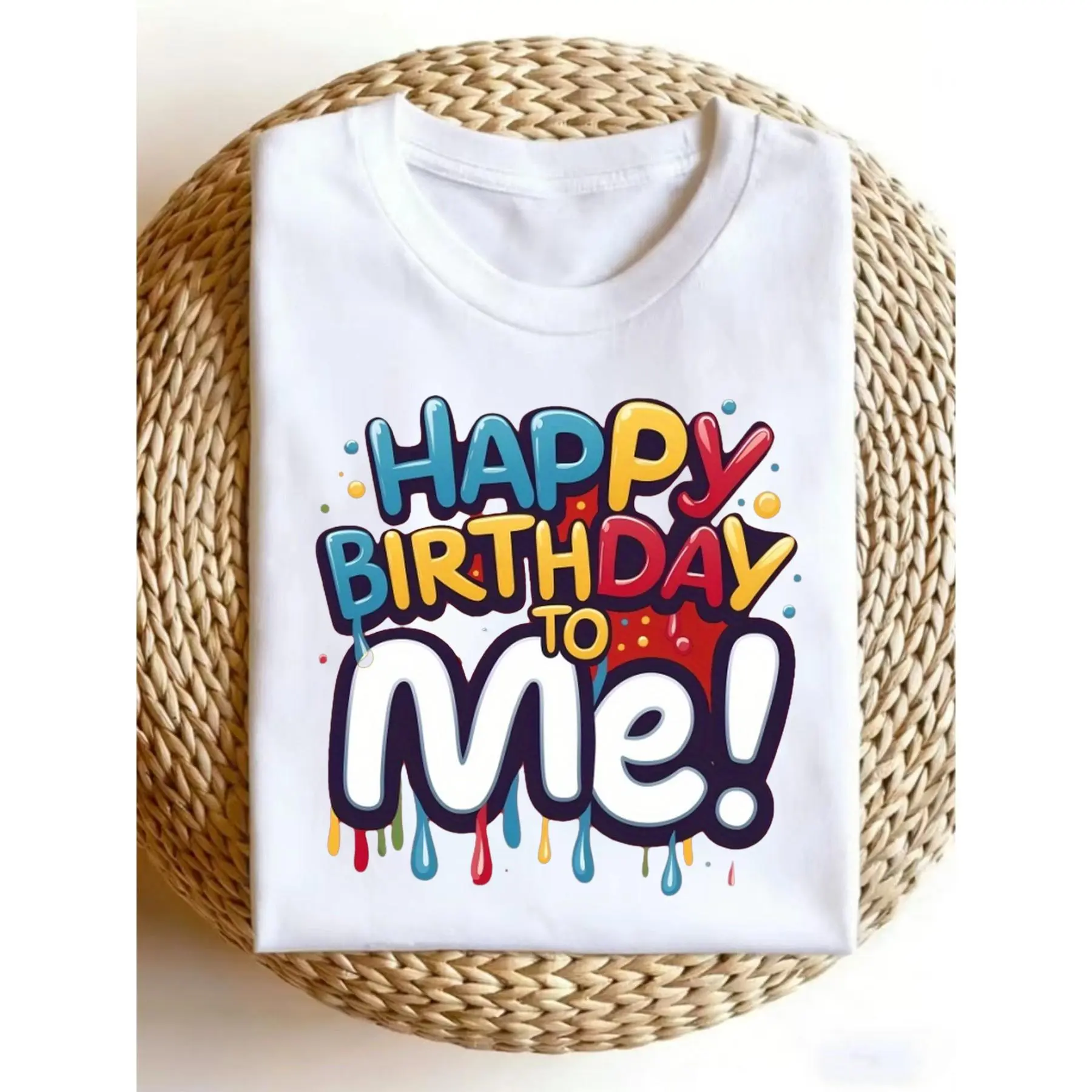 Men's Graphic T-Shirt, 'Happy Birthday to Me' Baggy 100% Cotton Shortsleeve Tee for Teen Boys, Stylish Streetwear Top for Cargo Pants, Classic, Relaxed Fit, Unisex, Fabric, Outdoor, Figured Print, Cute, Korean, New Year, Party, Retro, Round Neck, Korean C