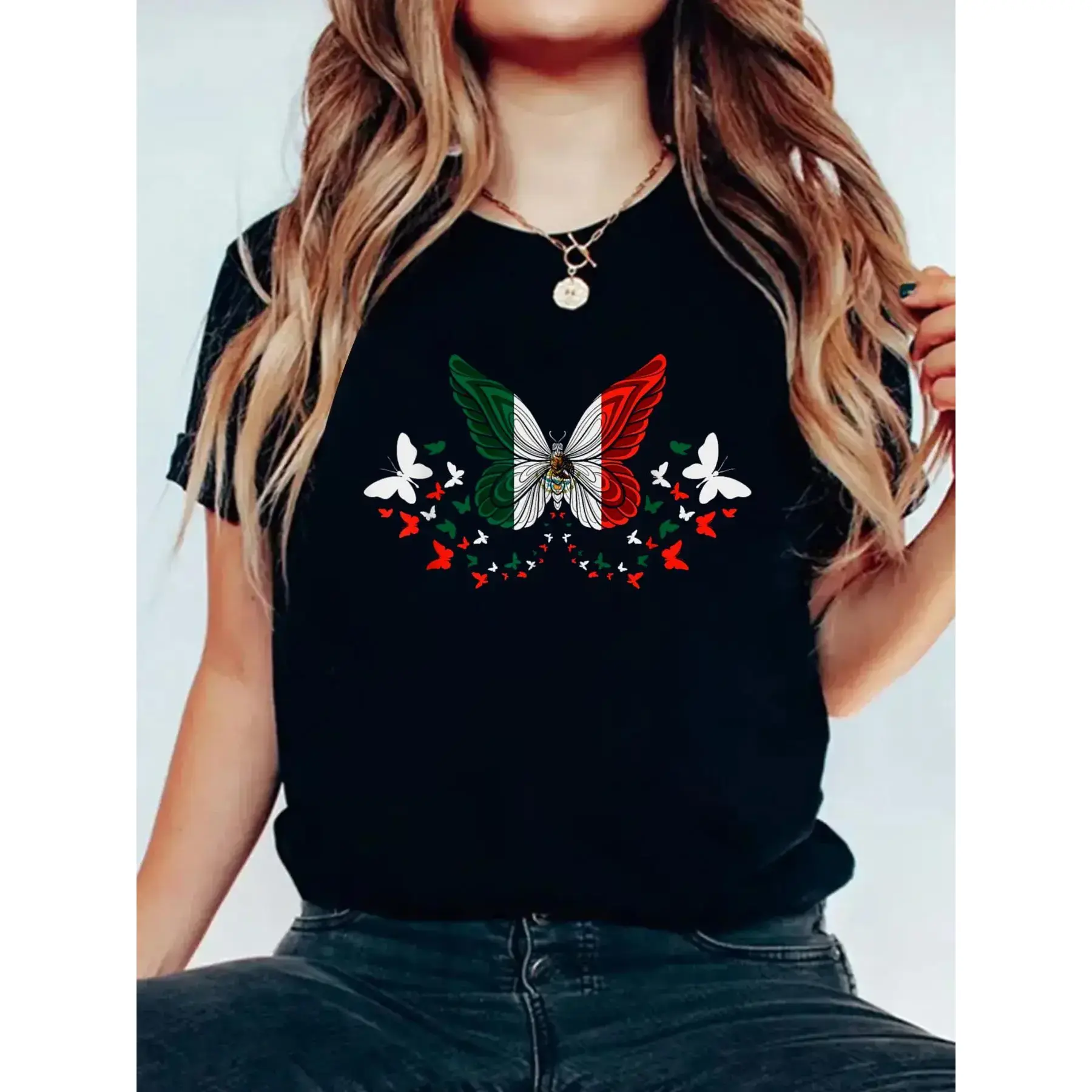Women's Short Sleeve Crewneck Round Neck Graphic T-Shirt - Mexico Flag & Butterflies Print, Casual Mexico Tops for Women