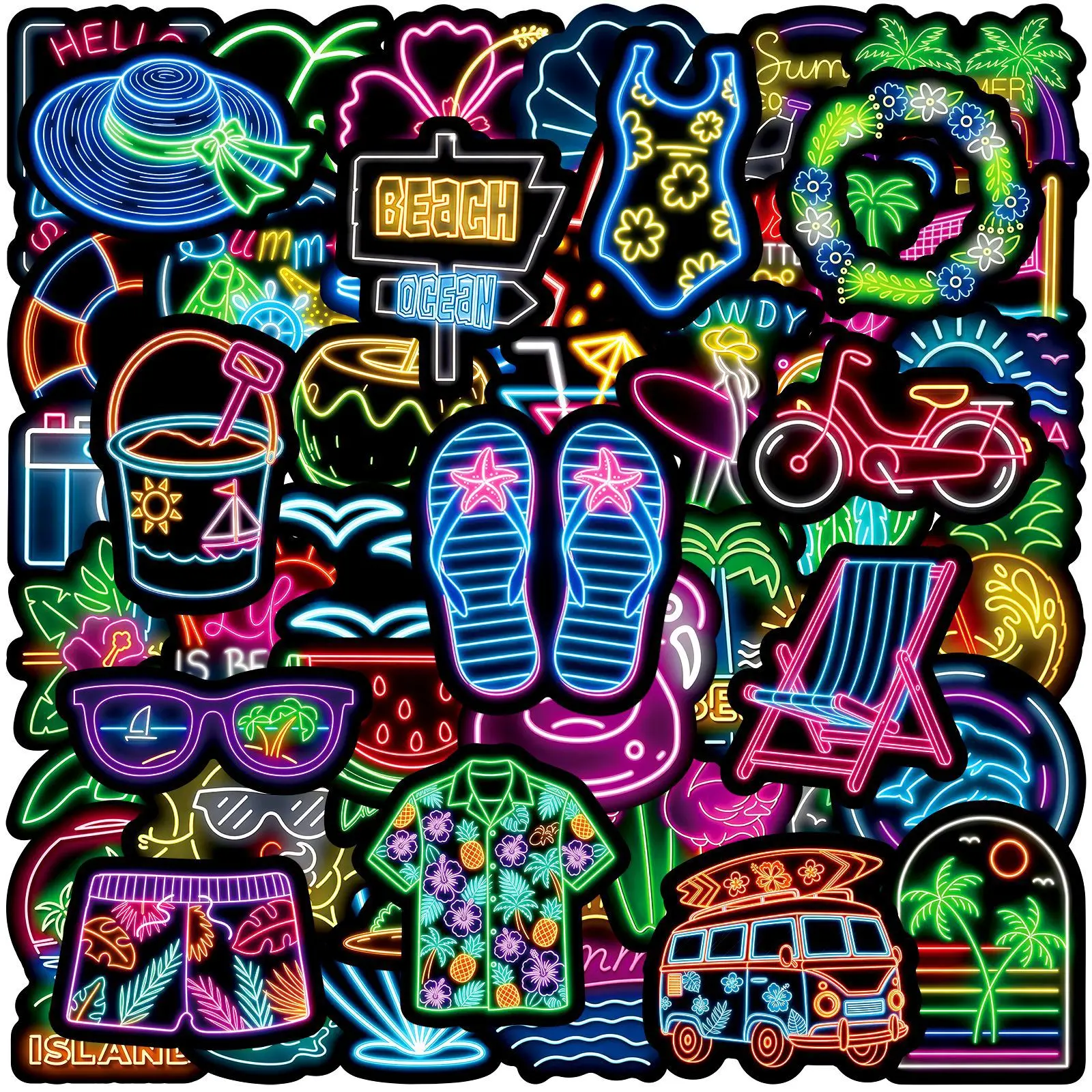 50pcs Neon Summer Beach Series Stickers, Stationery Supplies Suitable for Scrapbooks, Journals, Laptops, Water Bottles, Cars and More, Creative Birthday Gifts
