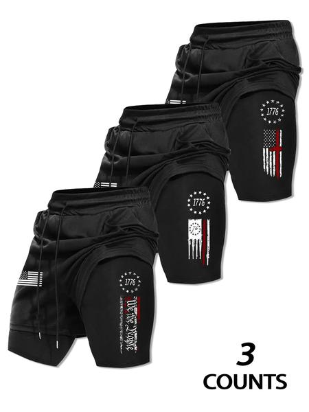 Men's Basketball Shorts with Pockets, Fashionable 2-In-1 Drawstring Waist Sporty Shorts, Activewear Shorts, Stylish Flag Design, Summer Casual Wear, Graphic Shorts, Streetwear Sports Shorts