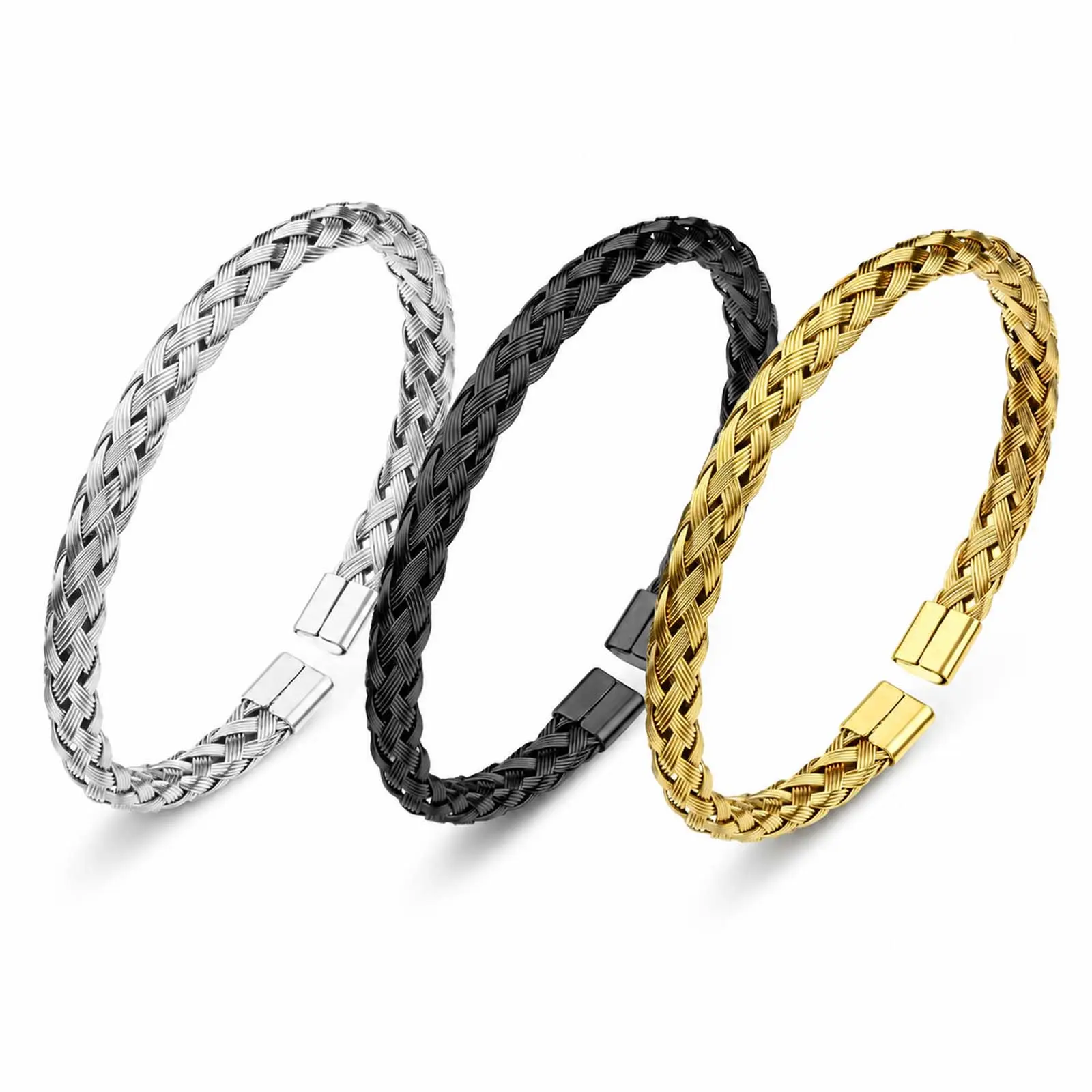 Men's Stainless Steel Open Cuff Bracelet, Braided Cable Wire Style Wristband, Minimalist Industrial Fashion Jewelry, Tarnish Resistant Casual Hand Accessory for Daily Wear, Work, Party, Travel, Birthday Gift for Him
