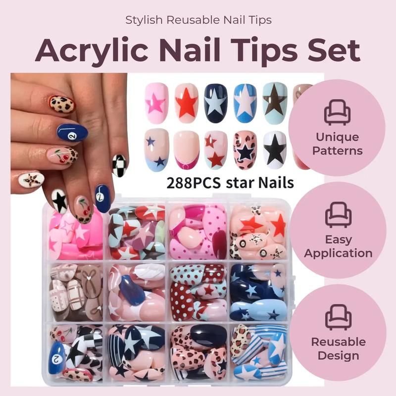 288pcs Acrylic Nail Tips Set, Stylish Acrylic Nails, Short Oval Star Leopard Bow Stripe Cartoon Dot French Design, Reusable Fake Nails for Women Girls