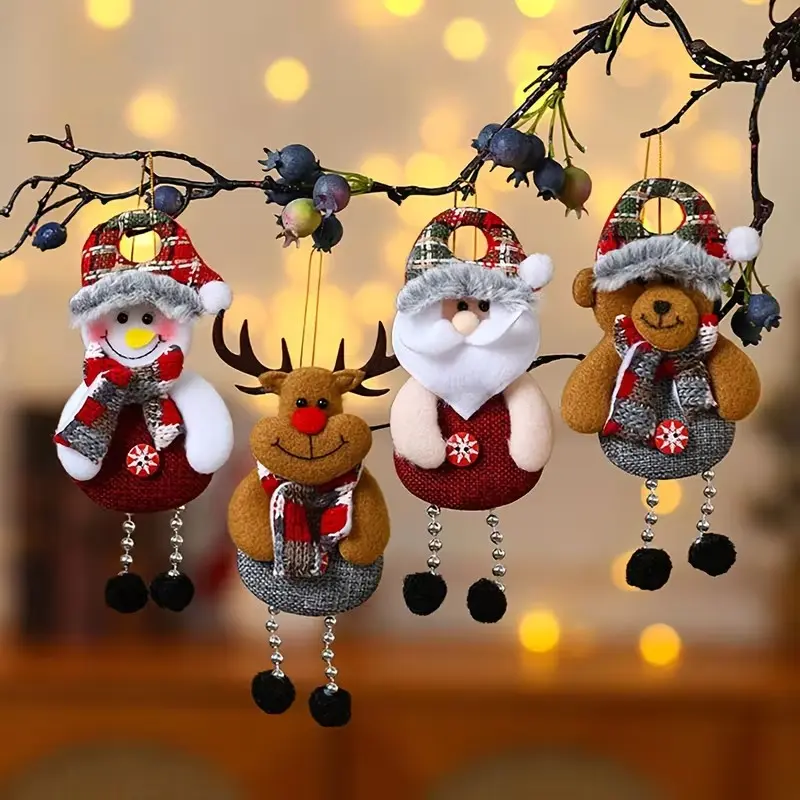 Set of 4 Fabric Christmas Ornaments, Santa, Reindeer, Snowman, Bear, Festive Tree Decorations, Outdoor Holiday Party Decor