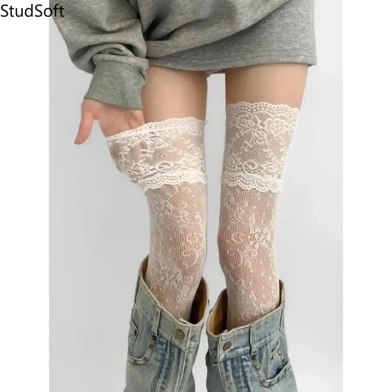 2 Pairs Over Knee Thigh High Socks Sheer Lace Fishnet Stockings Thin Floral Mesh Long Boot Socks Breathable Nylon Hosiery for Women Girls One Size