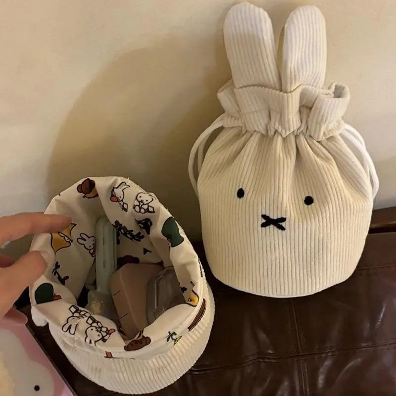 Women's Miffy Kawaii Pocketed Corduroy Drawstring Bag - Portable Cute Look Large-Capacity Storage Bag, Ideal for Makeup, Perfect Gift for Fans