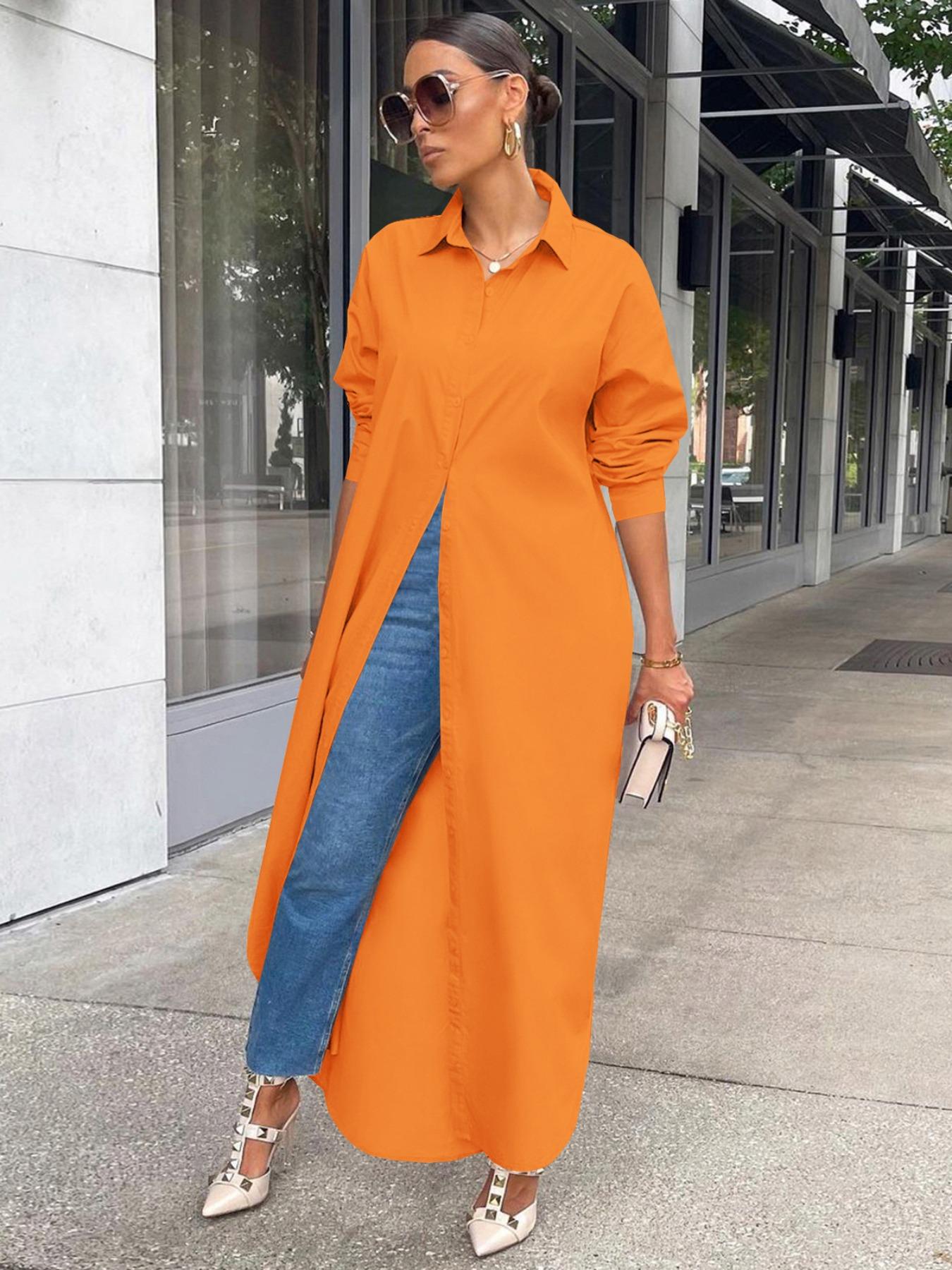 Women's Solid Collared Button Front Long Blouse, Casual Long Sleeve Button Up Shirt, Fashion Women's Spring & Fall Top For Daily Wear