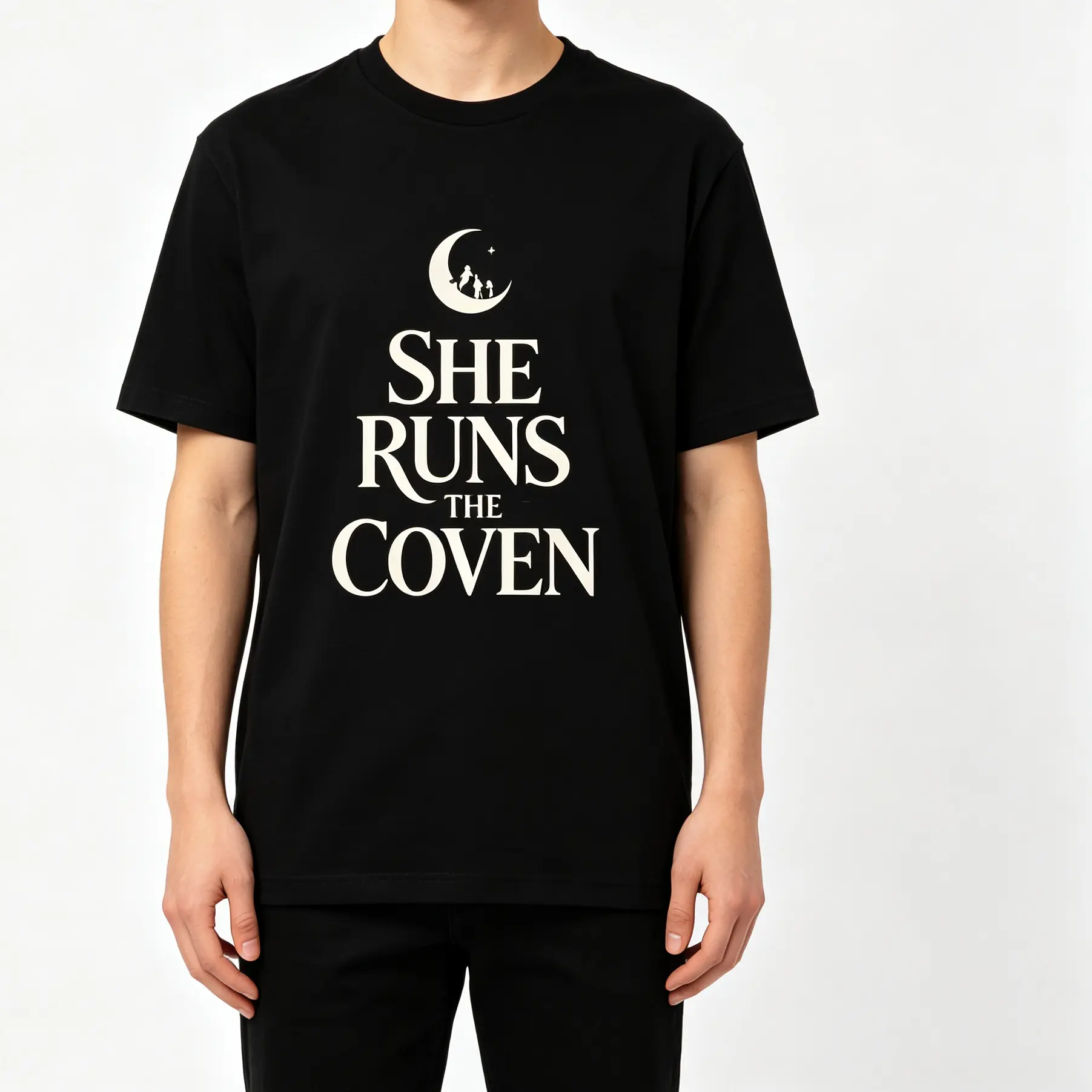 Unisex Oversized Crew-Neck T-Shirt for Men & Women - She Runs The Coven Crescent Moon Witch Silhouette, Vintage Serif Text Graphic Print, Loose-Fit, Pure Cotton, Vintage Streetwear, Short Sleeve, Witchy Feminine Halloween Vibe, Oversized Tshirt Women