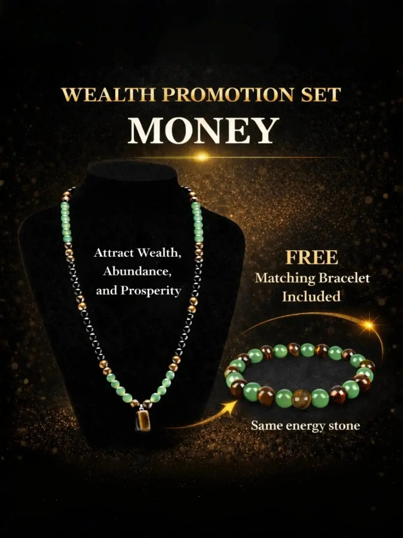 [Buy 1 Get 1 Free] Prosperity Crystal Necklace Set with Green Aventurine & Tiger Eye Pendant, Includes Matching Bracelet, Natural Healing Stone Jewelry for Wealth, Success, Positive Energy & Good Fortune, Gift for Women and Men