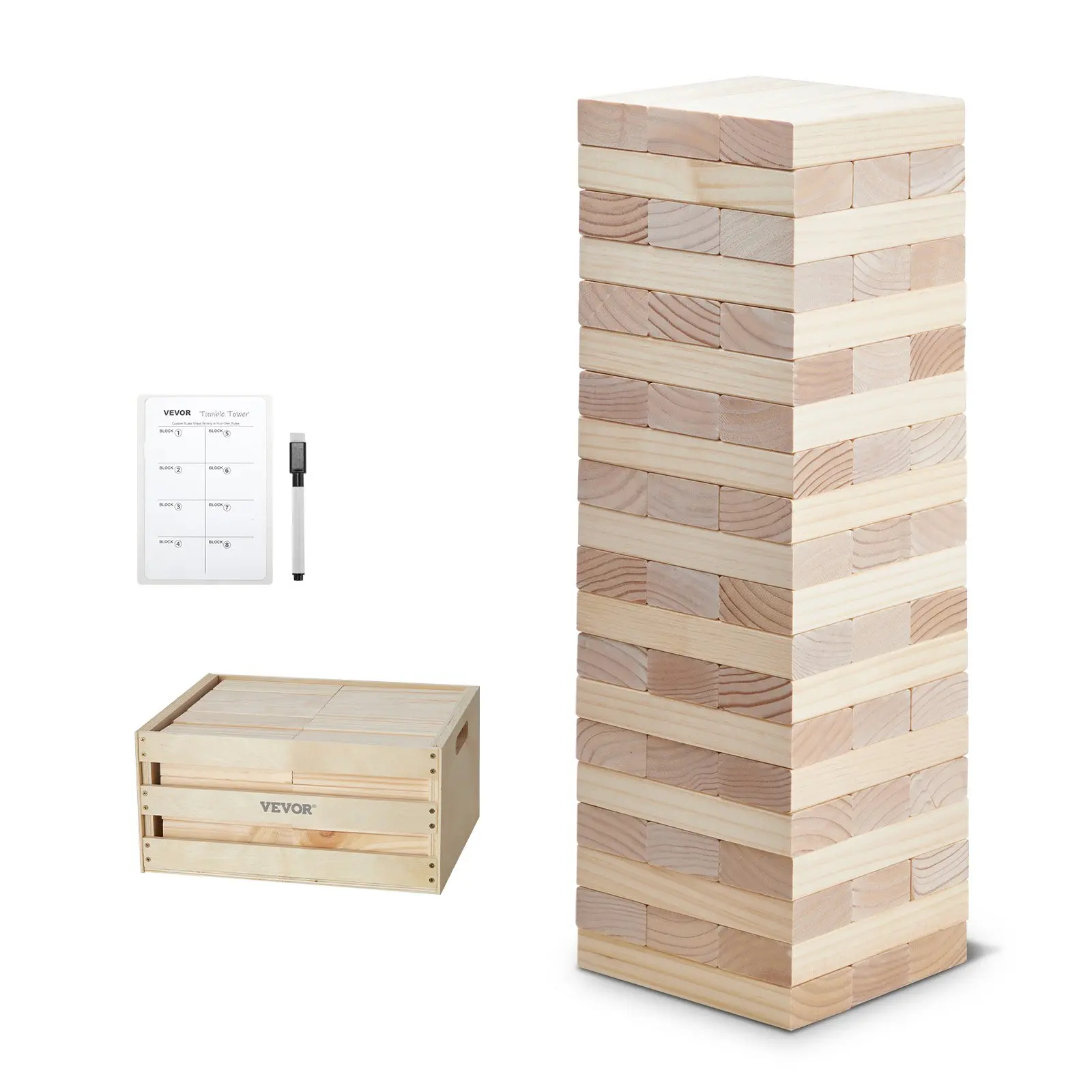 VEVOR Giant Blocks Tumbling Timber Toy, 60-Piece Pine Wood Stacking Game with Storage Crate, Scoreboard, Family Game for Indoor/Outdoor Use