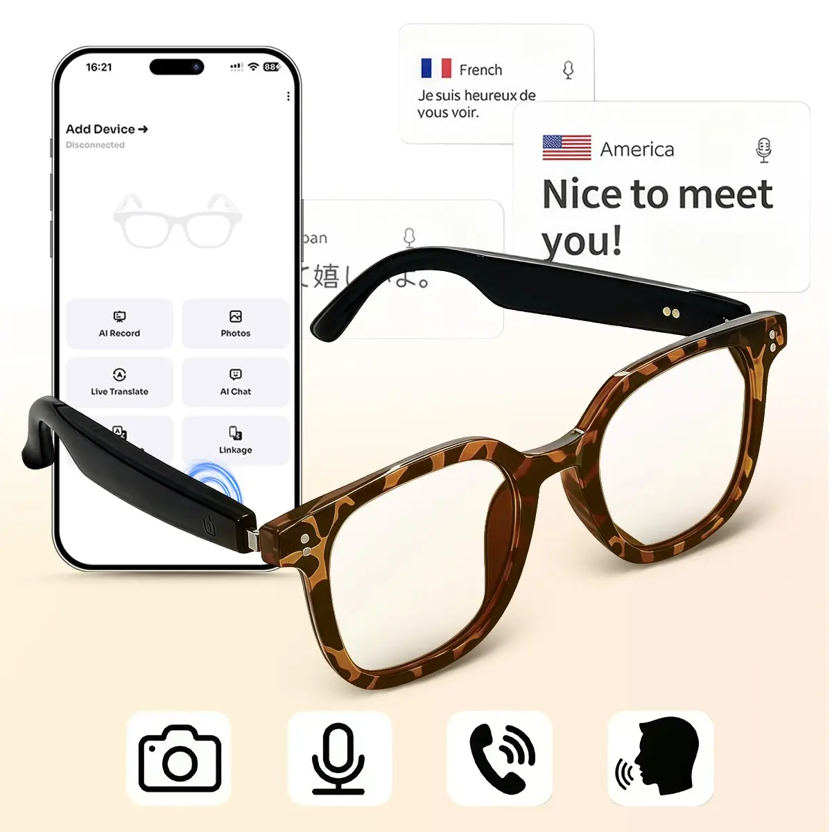 Smart Glasses with Ai Translation, Bluetooth-compatible Open Earbuds, Remote Photo Control, Hands-Free Calls & Music, UV Protection, Travel Friendly