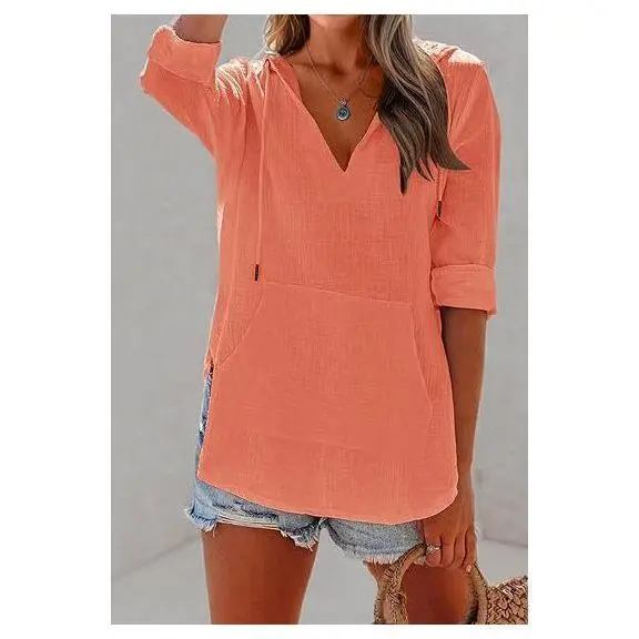 Imily Bela Women's Beach Cover Up hoodies sweatshirt Long Sleeve V Neck Pocketed Hooded Shirt Top Casual Womenswear