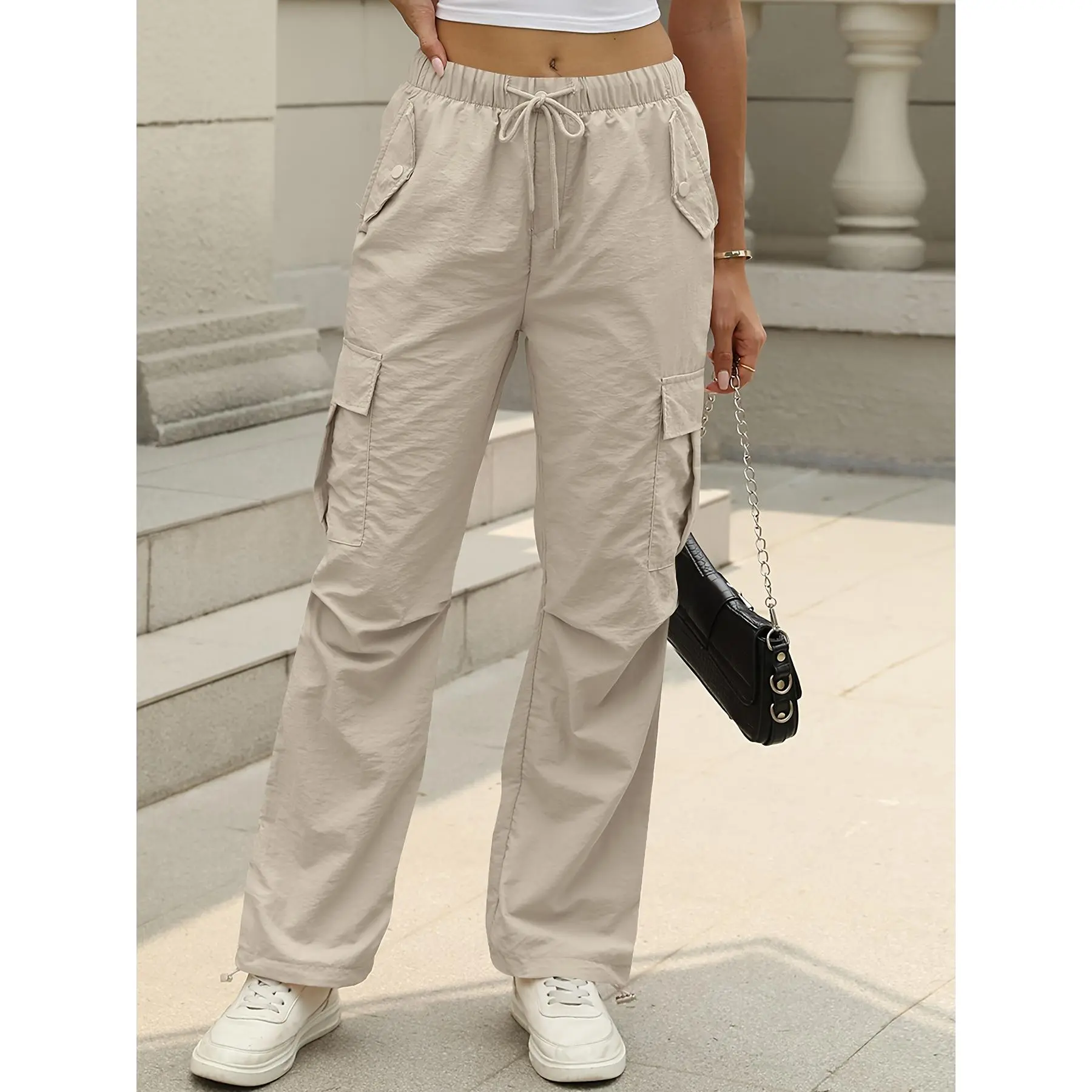 Women's Casual Solid Color Cargo Pants - Adjustable Waist, Multiple Pockets, Long Length, Non-Stretch Nontransparent Fabric, All Seasons Comfort, Leisure Outing Attire