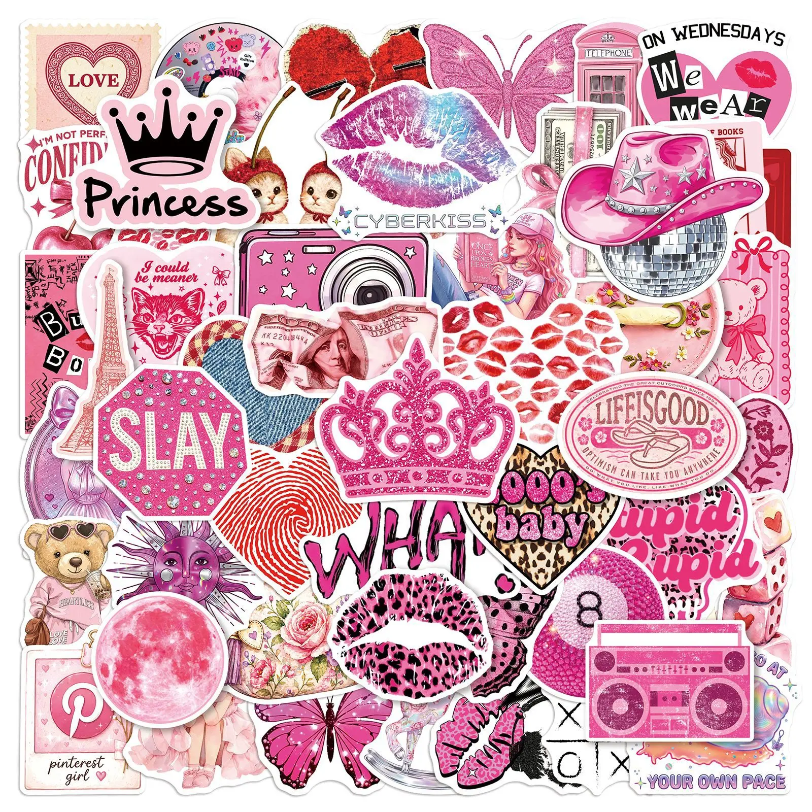 55pcs Pink Y2K Office Stickers, Sticker Decals for Notebooks, High-Value, Positive Energy Gifts for Decorating Journals, Scrapbooks, Computers, Water Bottles, Cars, Etc.