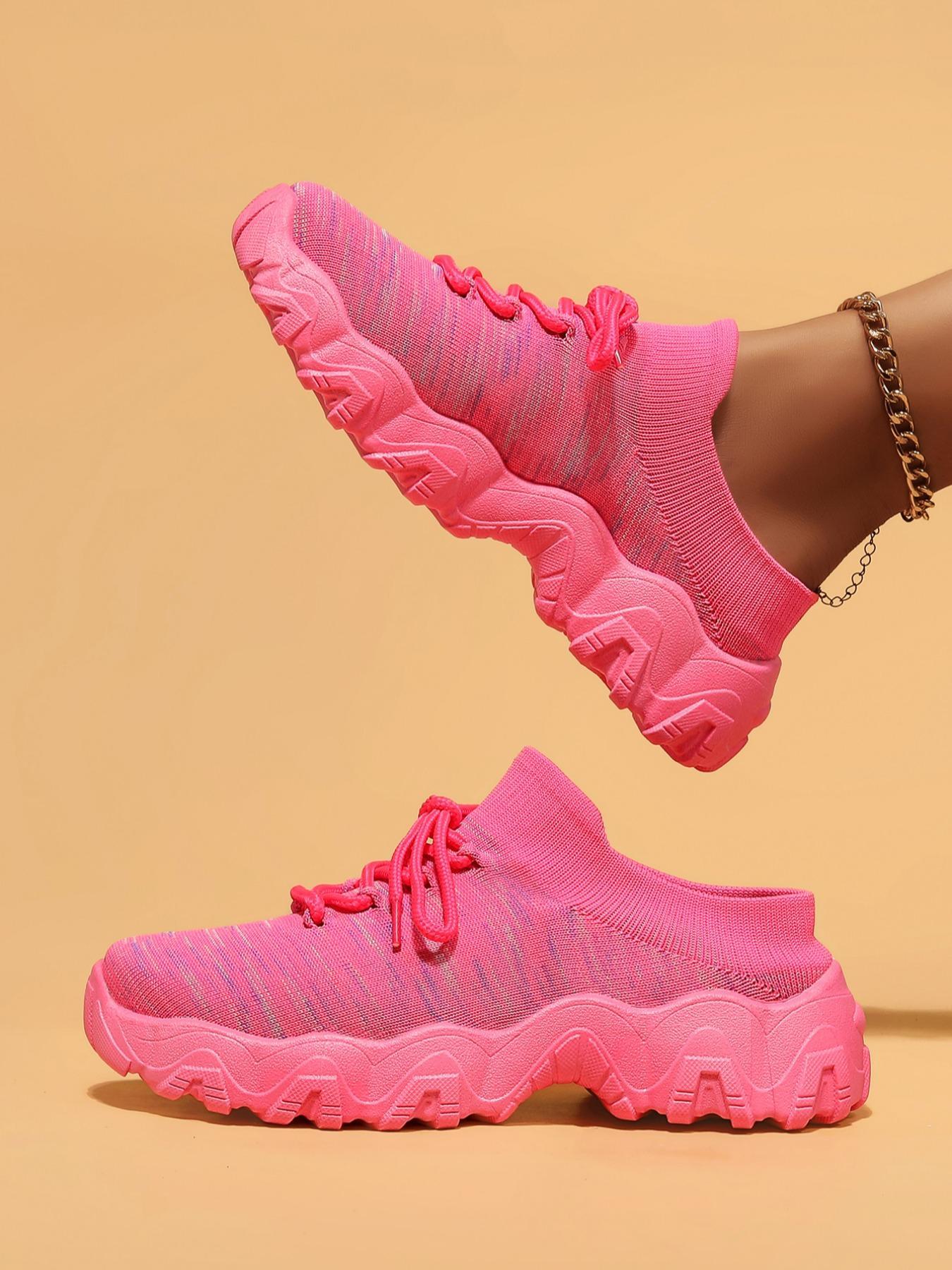 Women's Fashionable Lace Up Platform Sneakers, Knitted Running Shoes, Casual Comfortable Sports Running Shoes, Female All-match Round Toe Chunky Sneakers for Daily Wear