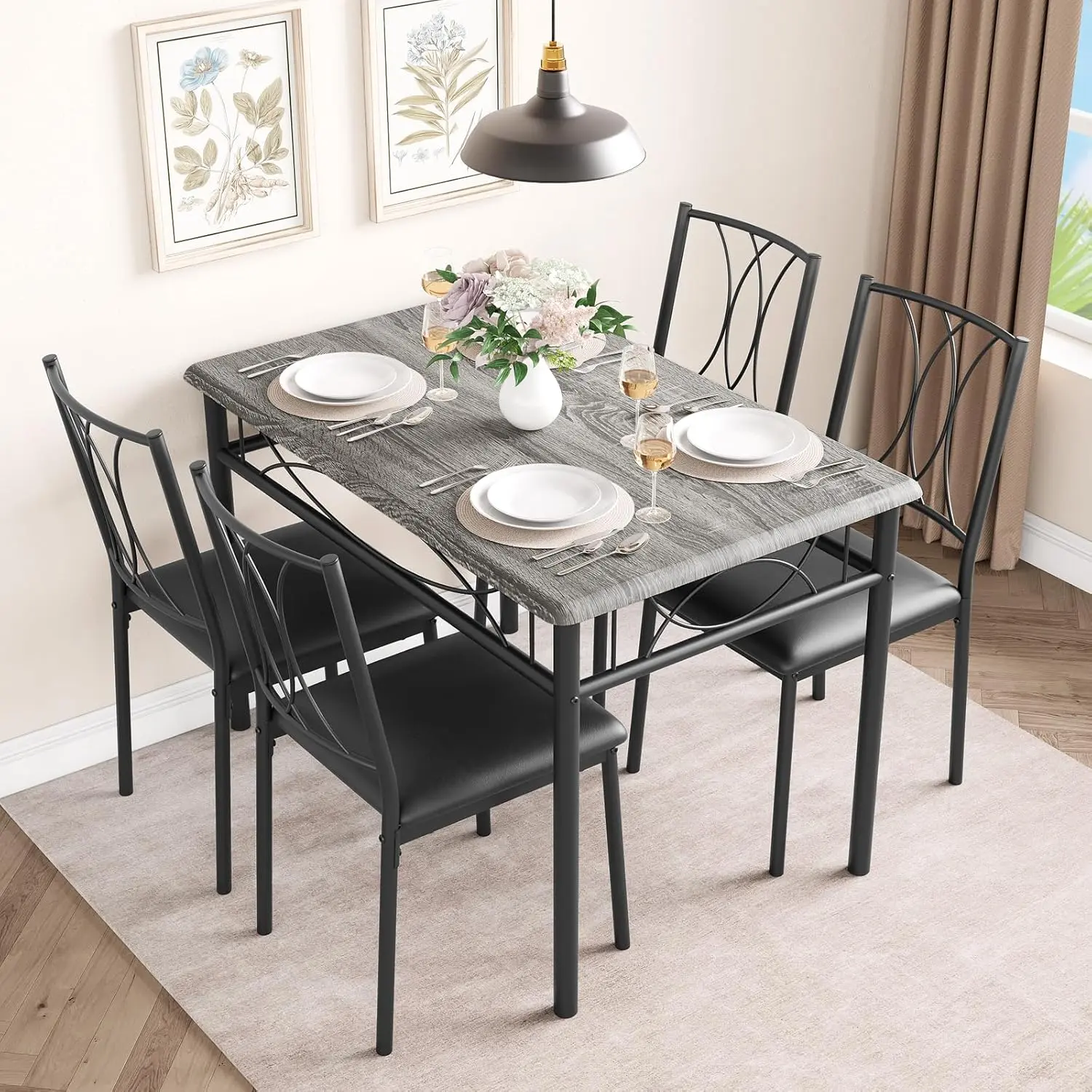 Dining Table Set for 4, 5-Piece Rectangular Kitche Table with 4 Upholstered Chairs, Space-Saving Kitchen Dinette Set with Sturdy Metal Frame & MDF Wood Tabletop, Perfect for Small Space, Apartment, Studio, Breakfast Nook & Home Kitchen