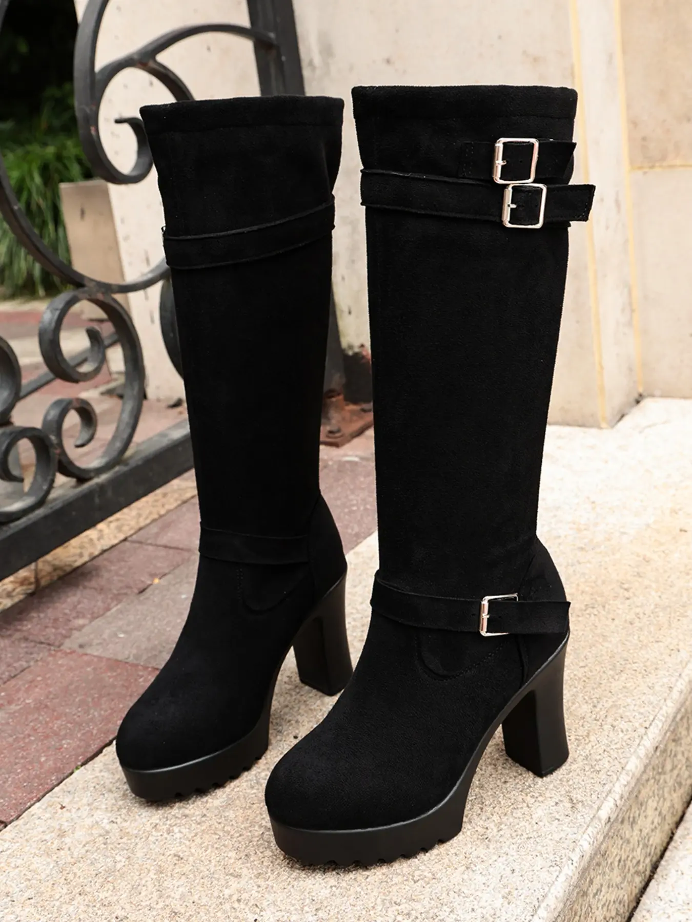 Faux Suede High Top Women's Boots, Thick Sole Waterproof Platform Heel, Three Row Metal Buckles, Fall & Winter Fashion
