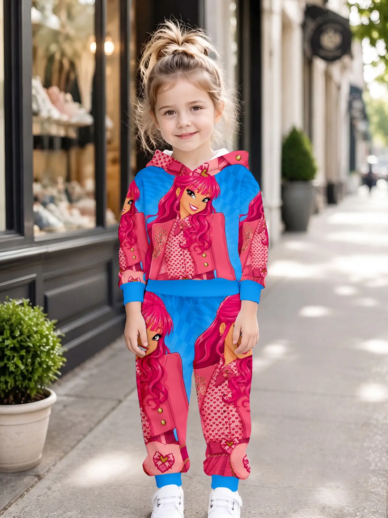 Blue Base Hair Sweetheart Girl Child Hoodie Set, Casual Long Sleeve Sweapants, Loose-Fitting All over Print, Fall & Winter