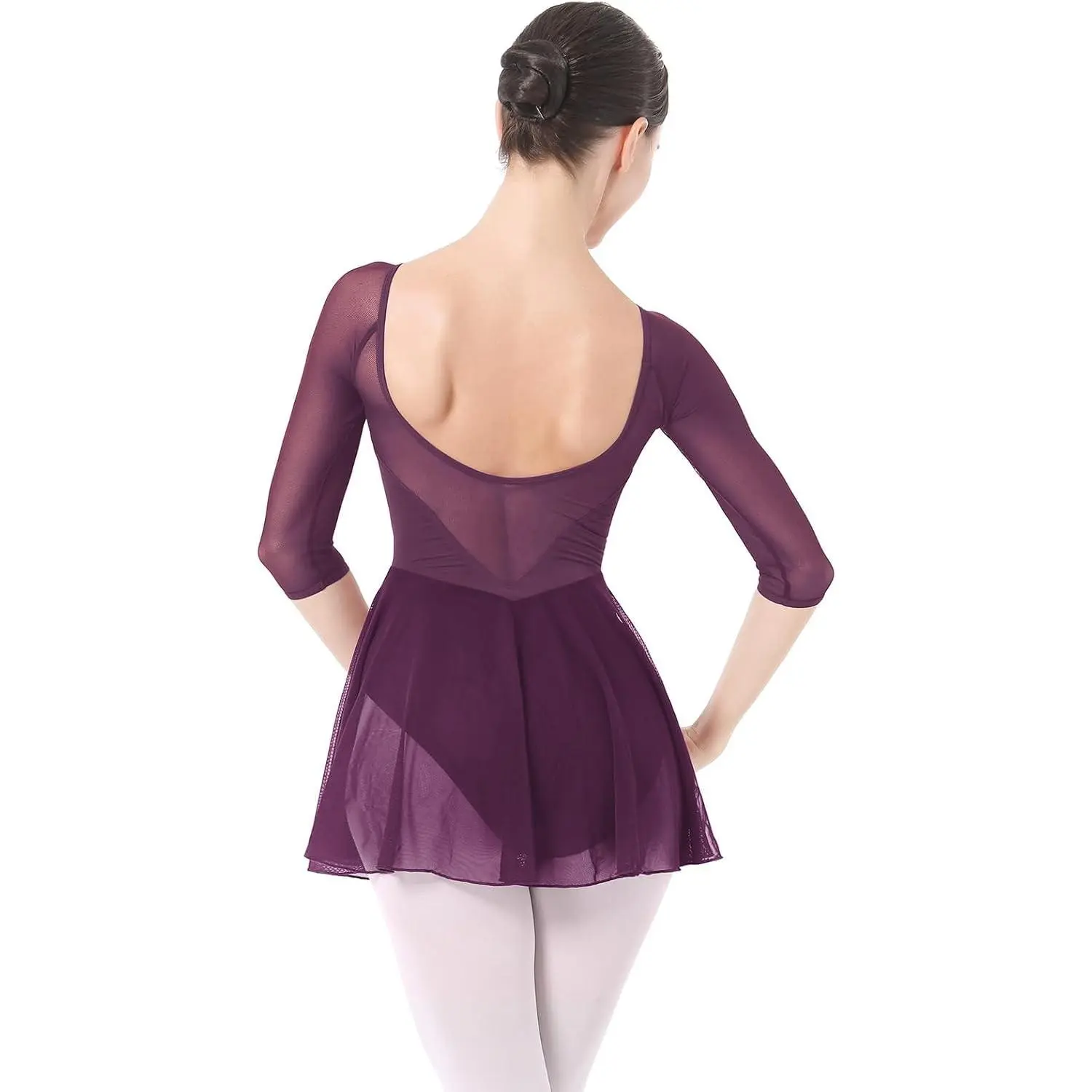 Ballet Leotards Dress for Women 3/4 Mesh Sleeve V Neck Scoop Back Gymnastics Leotard Slim Fit Ballerina Dance Leotard