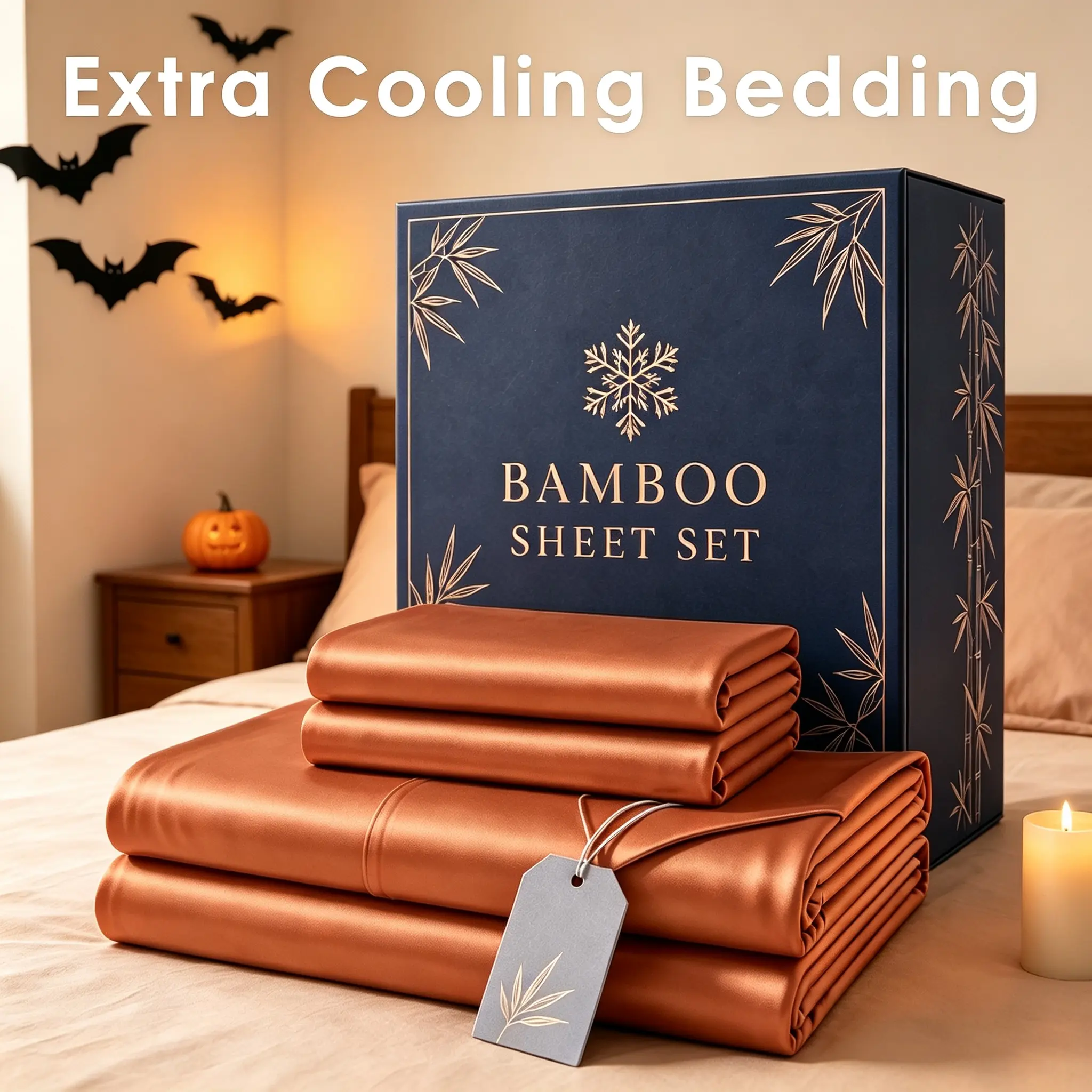 GOHOME Deep Pocket Bamboo Cooling Bedding Set, Halloween Bedroom Home Decor, Soft Smooth & Breathable,16 Inch Extra Deep Pocket Bamboo Bedding, Twin/Full/Queen/King, Multiple Colors, for Hot Sleepers, Dorm Halloween Party