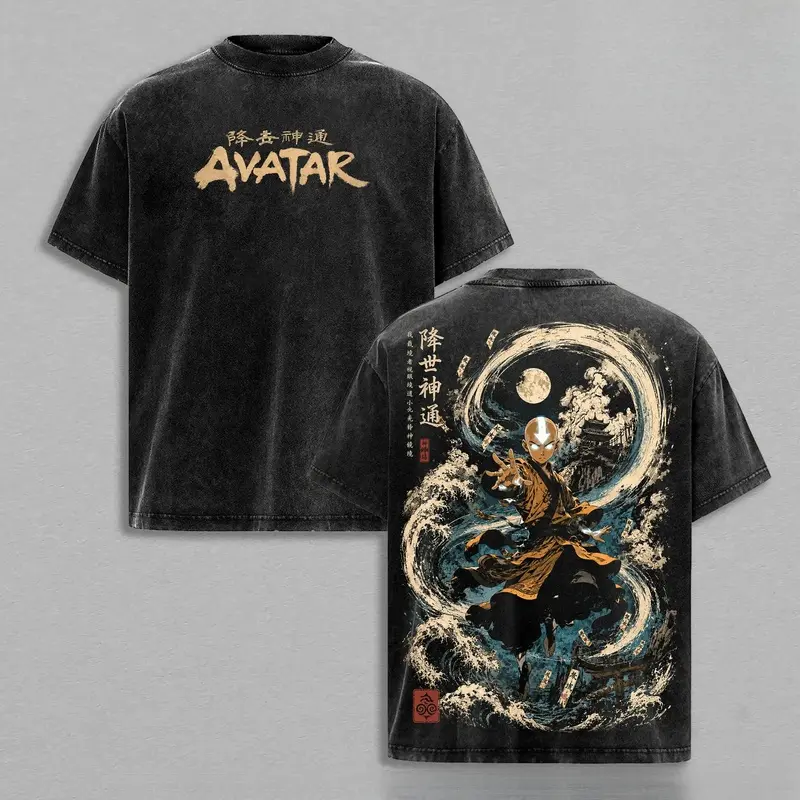 Avatar The Last Airbender Aang Waterbending Moon Spirit Vintage Washed T-Shirt Heavyweight Cotton Oversized Anime Streetwear Graphic Tee