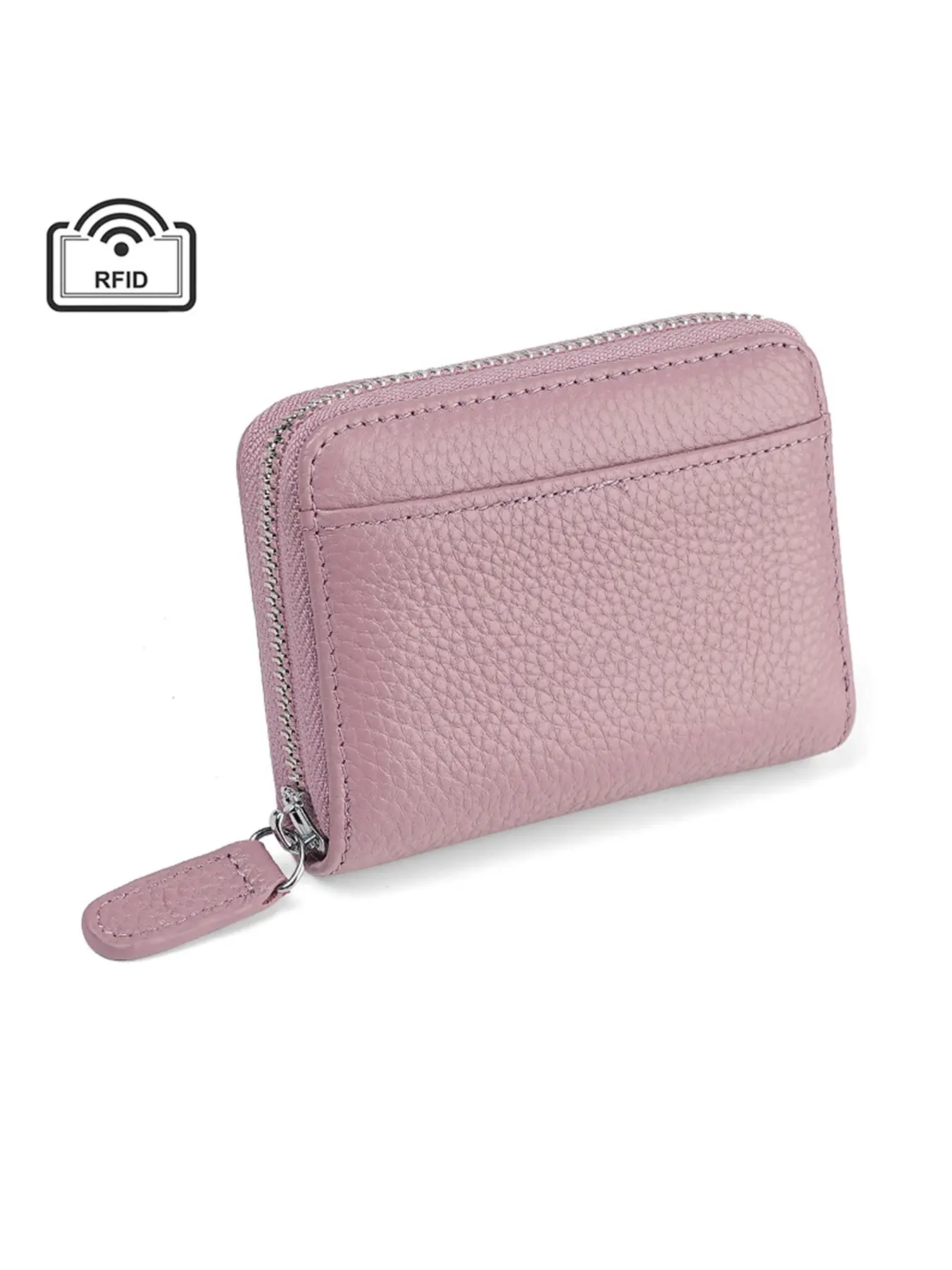 Women's RFID-blocking card holder with zipper, compact and large-capacity for ID, bank cards, and driver's license.