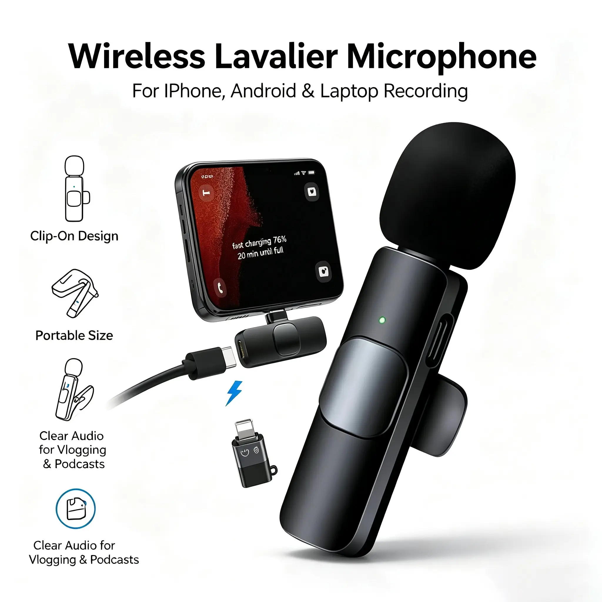 Wireless lavalier microphone one to one, rechargeable clip on notebook microphone, portable wireless recording microphone, used for Vlog live streaming, interview video shooting, phone content creation