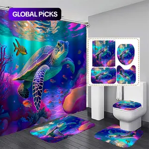 Colorful Turtle Pattern Bathroom Set, 4pcs/set Including Shower Curtain, Toilet Lid Mat, Bathroom Mat & Toilet Lid Cover, Waterproof Bathroom Decoration Accessories, Shower Curtain Sets