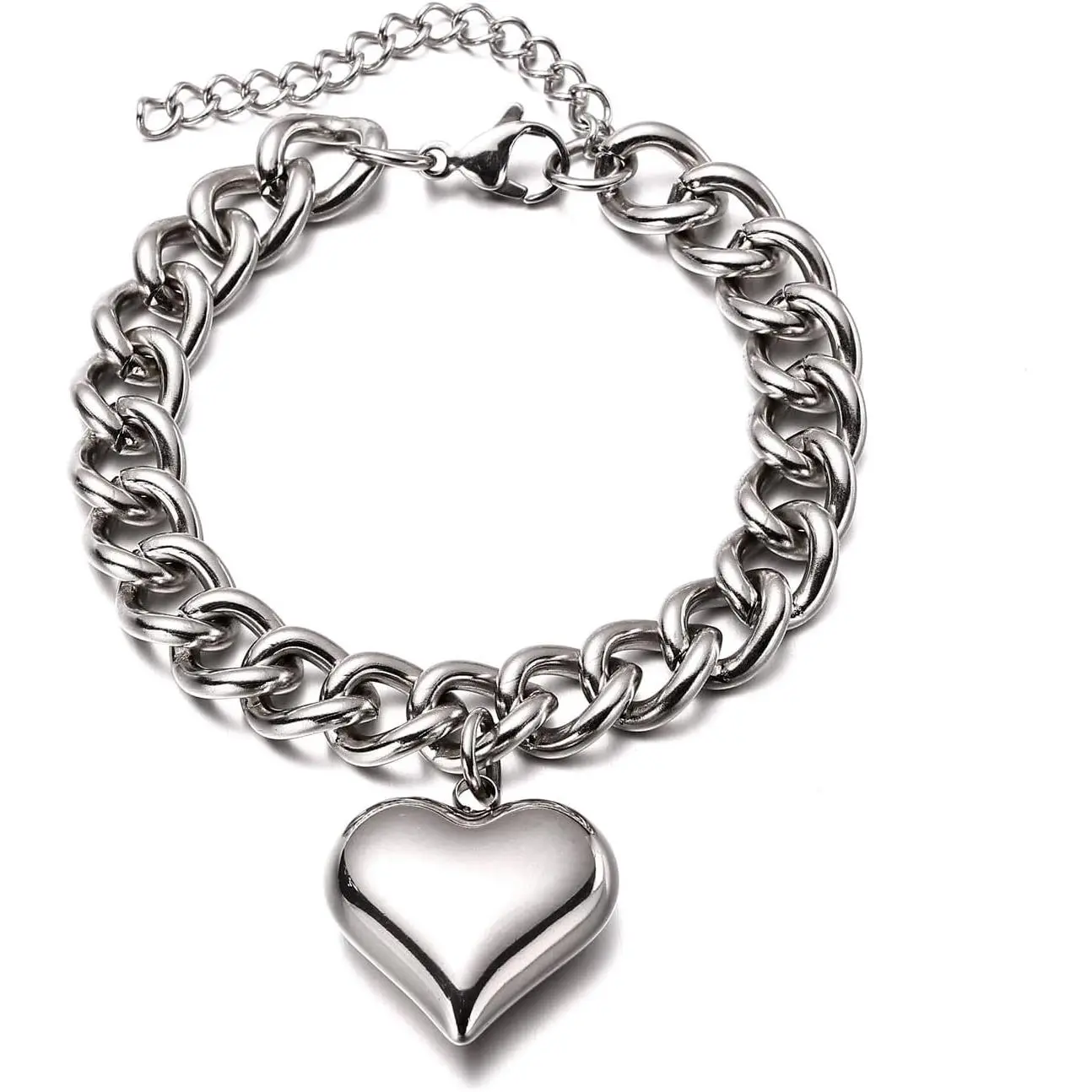 Stainless Steel Chunky Heart Charms Bracelet for Women