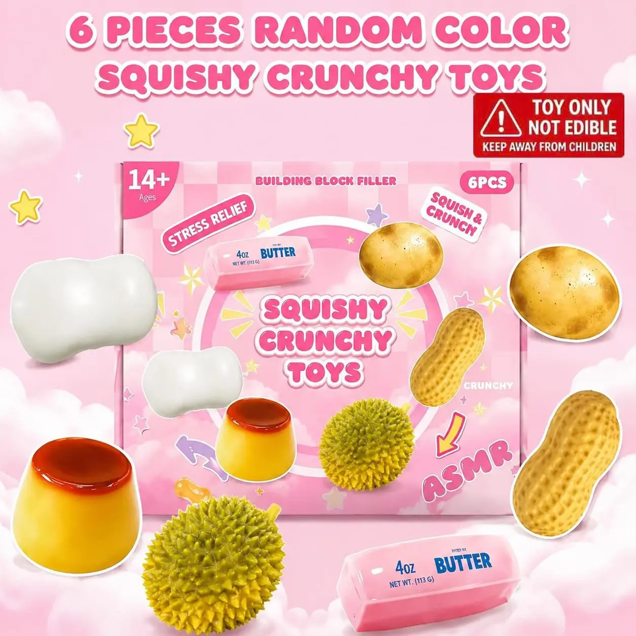 6 Pack Crunchy Squishy Fidget Toys Set, ASMR Stress Relief Sensory Toy for Adults & Teens 14+, Anxiety Relief Gift