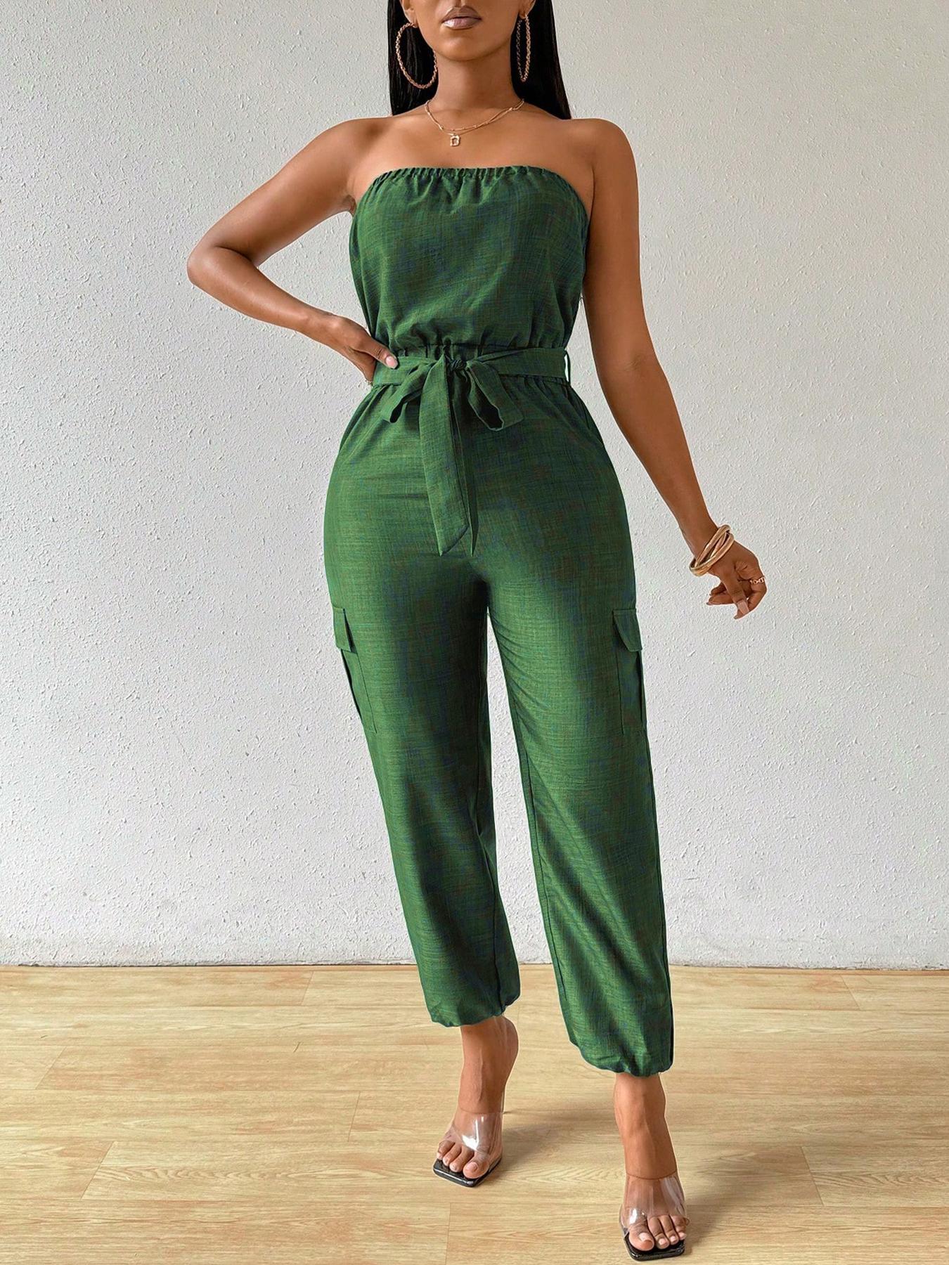 Women's Solid   Belted  Fitted Tube Jumpsuit, Casual  Jumpsuit for Summer, Women's Jumpsuit for Daily Wear
