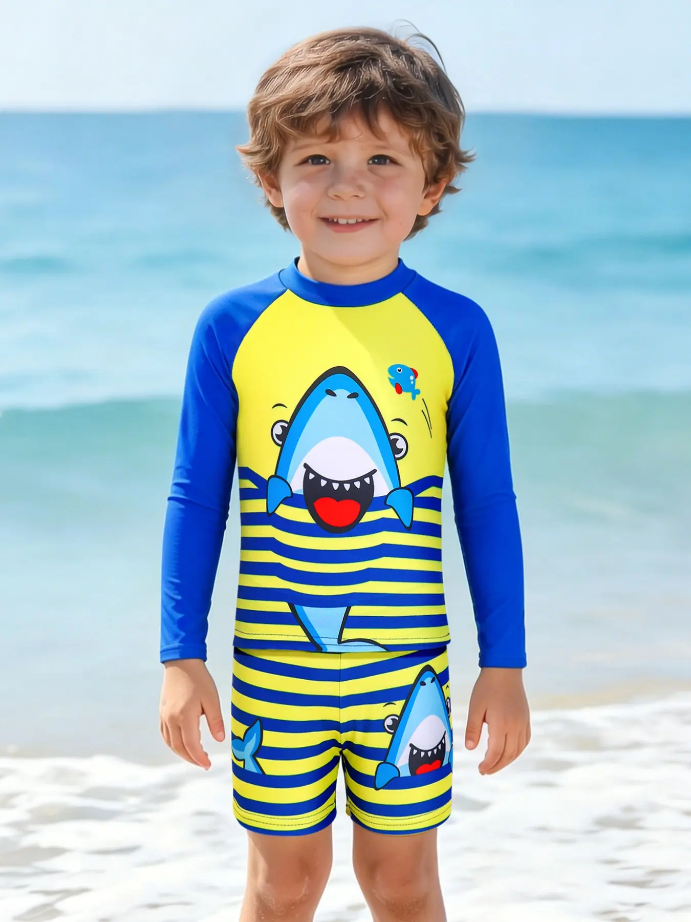 Boys Long Sleeve Swimwear Set, Cute Shark Stripe Print Surfing Costume, Perfect for Beach Wear and Swimming, Kids' Fashion Pool Bathing Suit