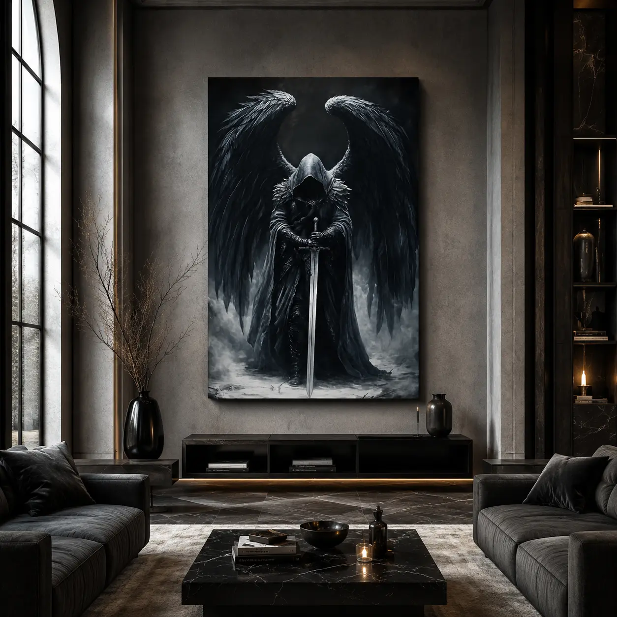 High-Detail Gothic Angel Warrior Art Print - Dark Fantasy Sword Figure with "Time Is Money" Quote, Black Gold Ink Splash Abstract Newspaper Mural, Frameless Home Wall Decor Gift for Home, Room, Office