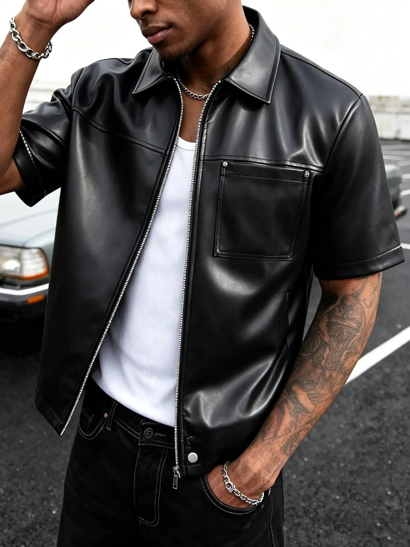 Men's short-sleeve casual leather shirt featuring a slim fit and a mature street-style aesthetic; designed with a full-front opening for easy wear, making it ideal for parties and music festivals.