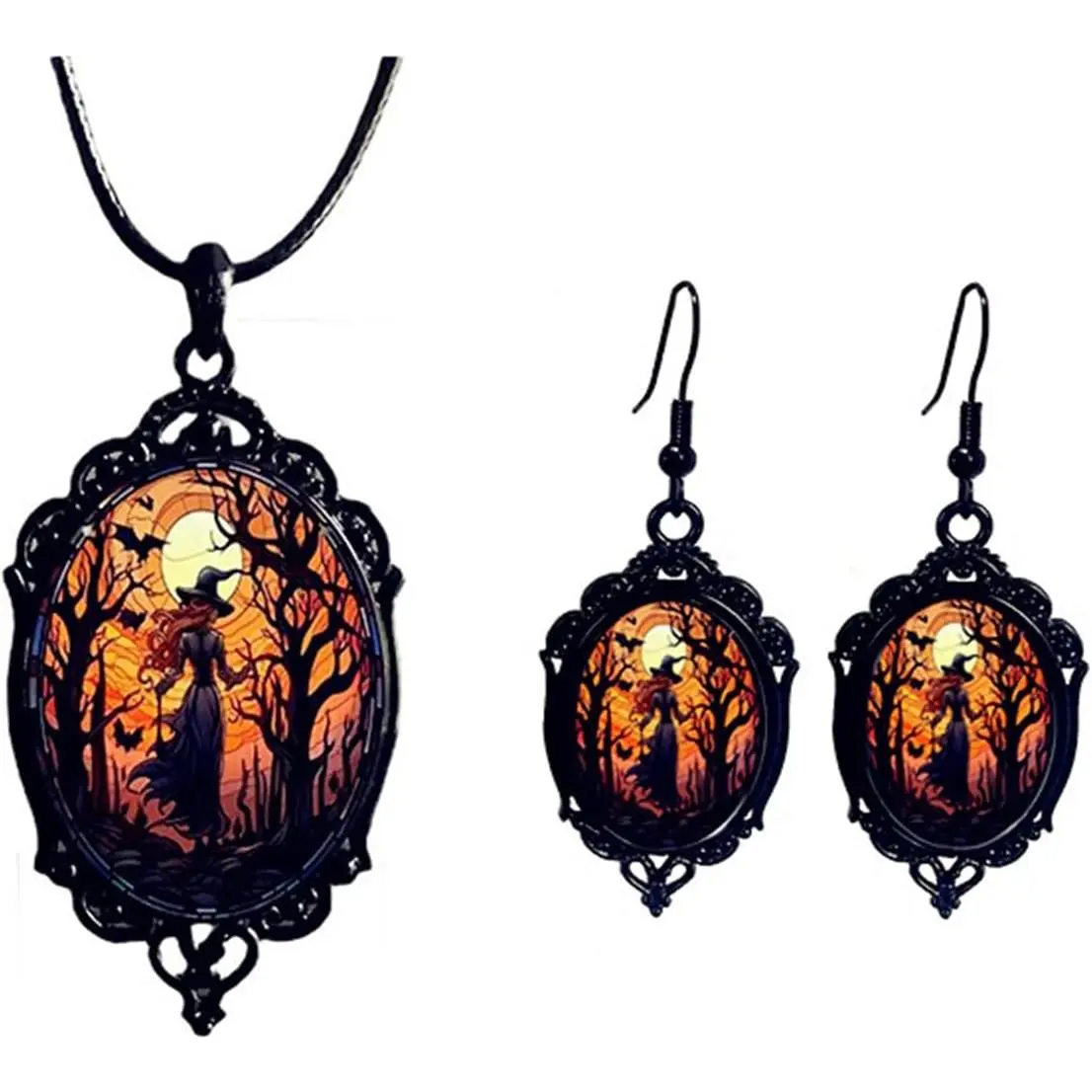 Gothic Glass Pendant Necklace Earrings Set  Vampire Bat Mystic  Black Raven Crow Pumpkin Embossed  Set for Women Punk Halloween  Party Fashion Costume Accessories