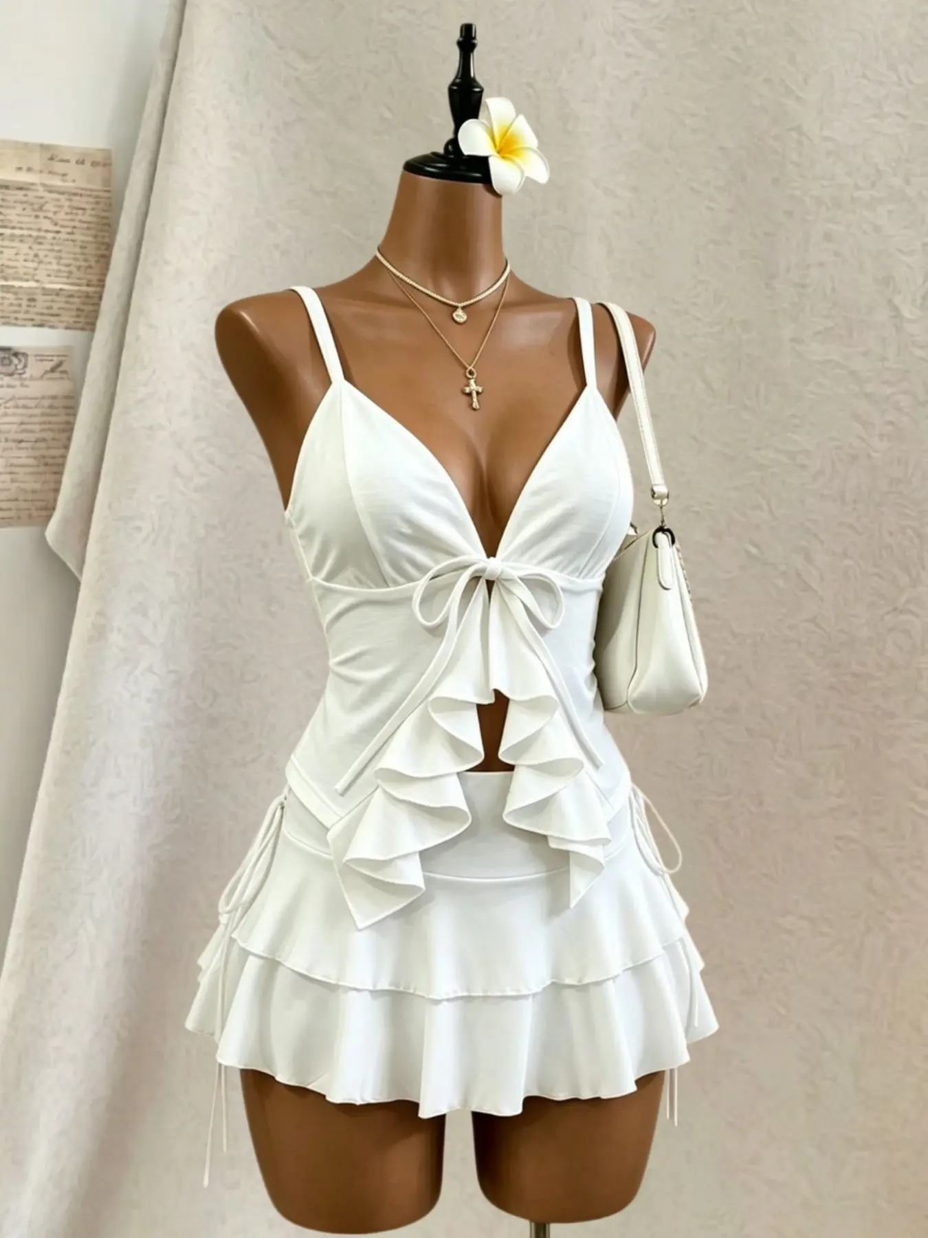 Bustier Halter Top Set with Chic Ruffle Design, Side Drawstring Waist Cinch, Style Cake Short Skirt Two-Piece Set Fit Women Clothes