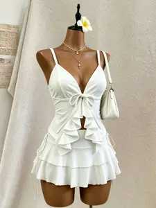 Bustier Halter Top Set with Ruffle Design, Side Drawstring Waist Cinch, Style Cake Short Skirt Two-Piece Set