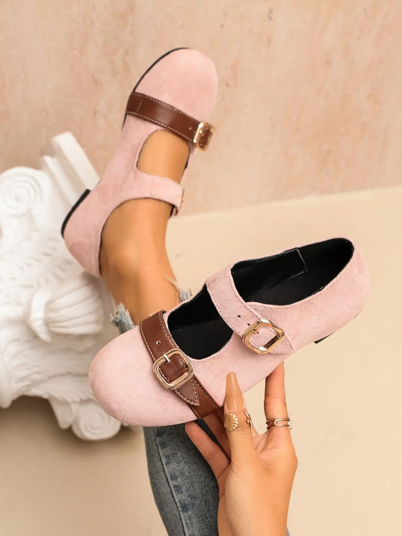 Women's Patchwork T-Strap Mary Jane Shoes, Autumn New Vintage Faux Fur Flat Sandals, Soft Style Buckle Birkenstock Shoes